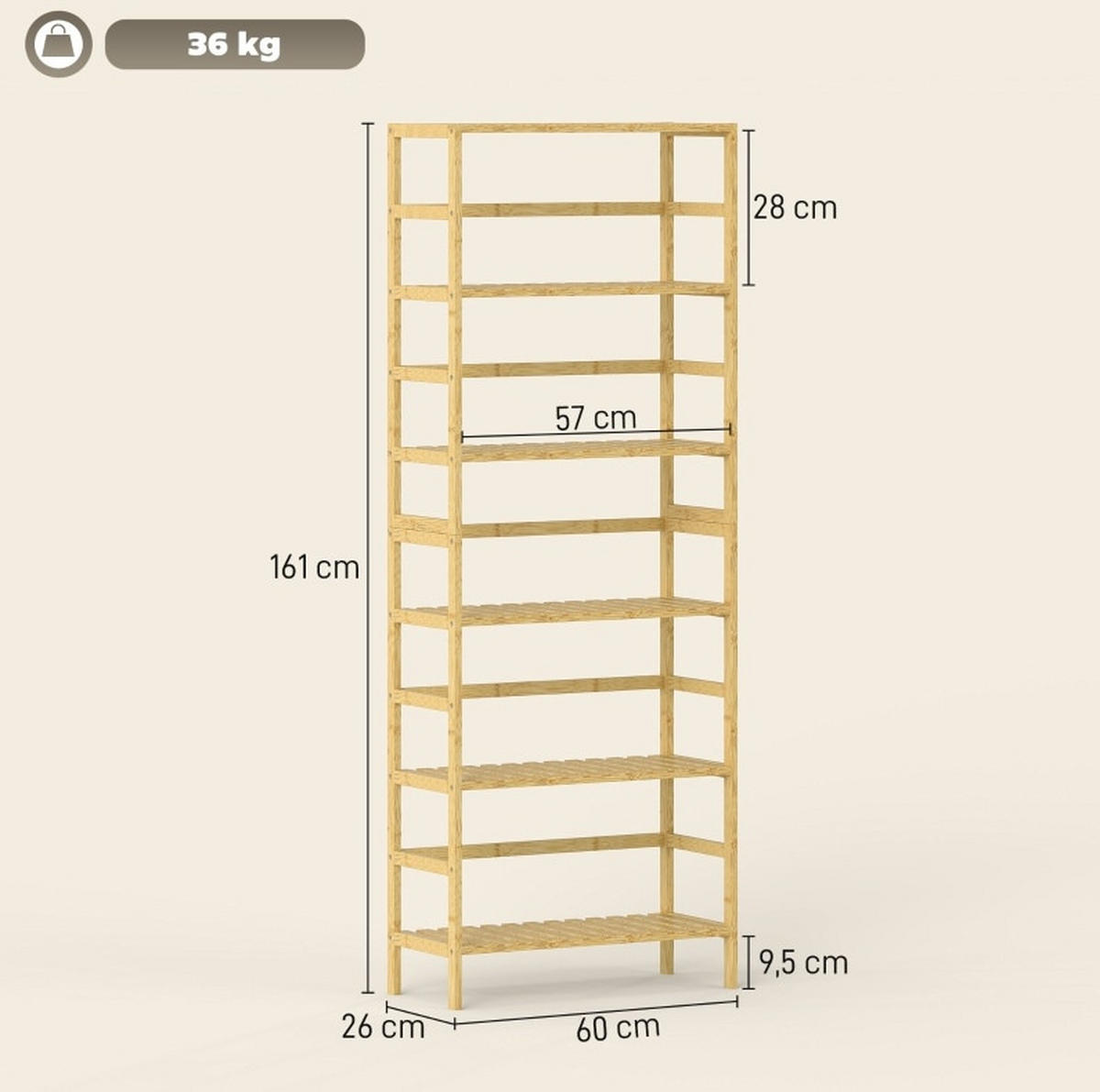 STANDREGAL aus Bambus 60x26x161 cm Naturholz mit 6 Ebenen, verstellbaren Regalböden und platzsparendem Design - Naturfarben, Naturmaterialien (60/161/26cm) - Modfu