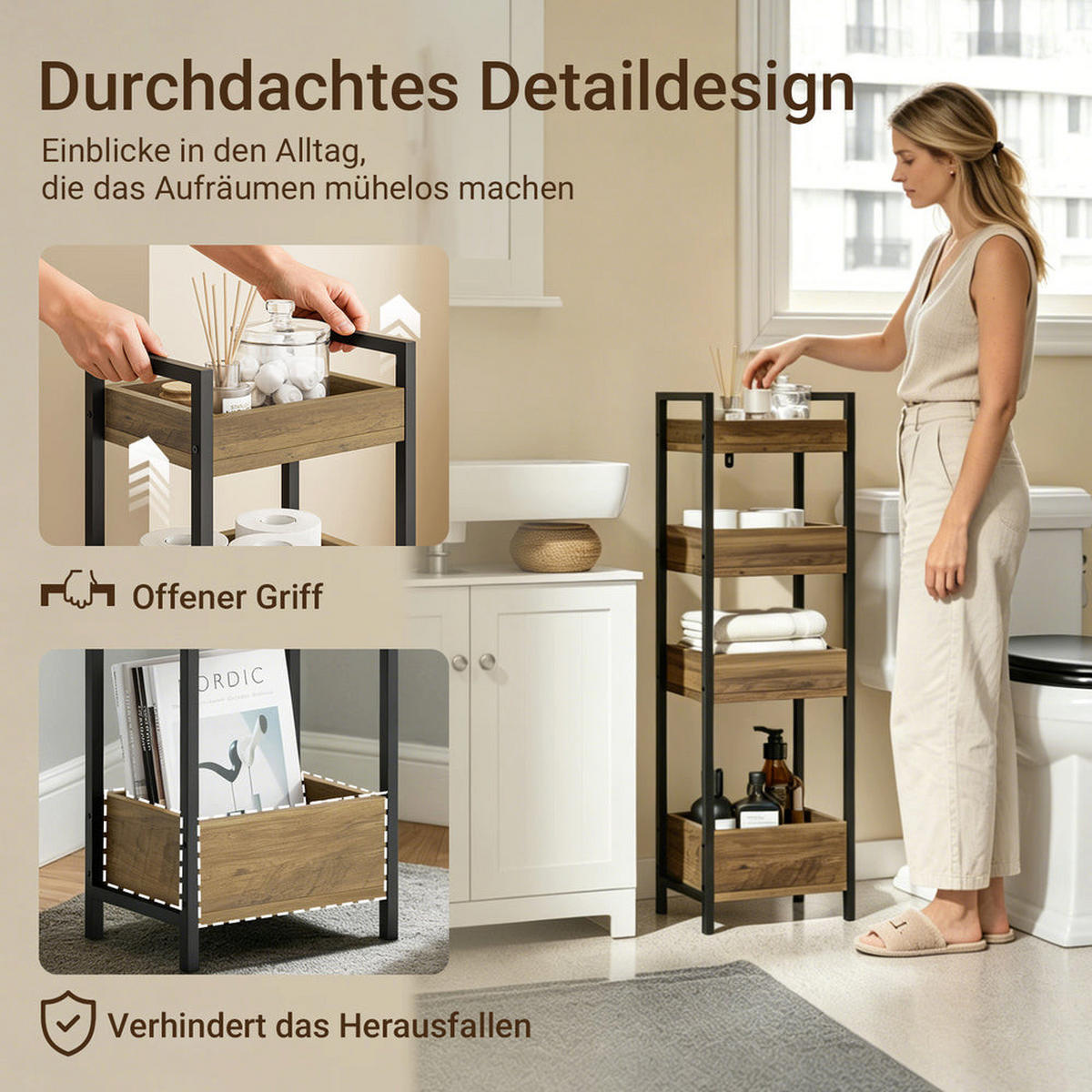 BADEZIMMERSCHRANK mit 4 Regalen, Schmal Industrial Design - Braun, Holzwerkstoff/Metall (90/20/28cm) - SoBuy