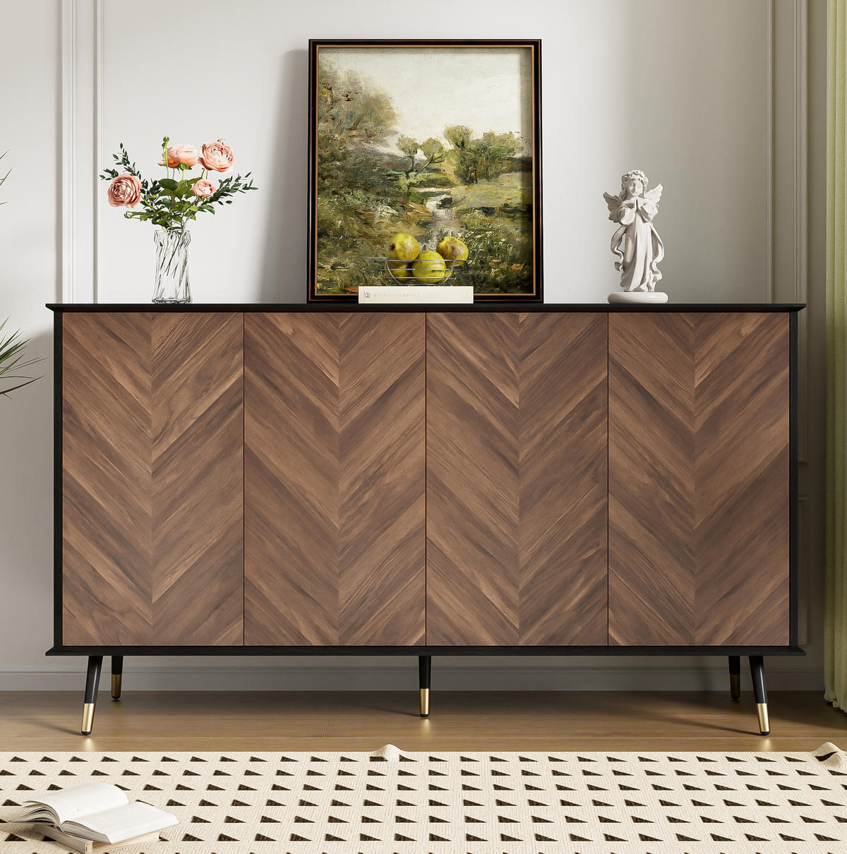 SIDEBOARD z MDF, 140/40/80 cm, černé/hnědé, se 4 dvířky a nastavitelnými policemi - černá, kompozitní dřevo (140/80/40cm) - BEAOK