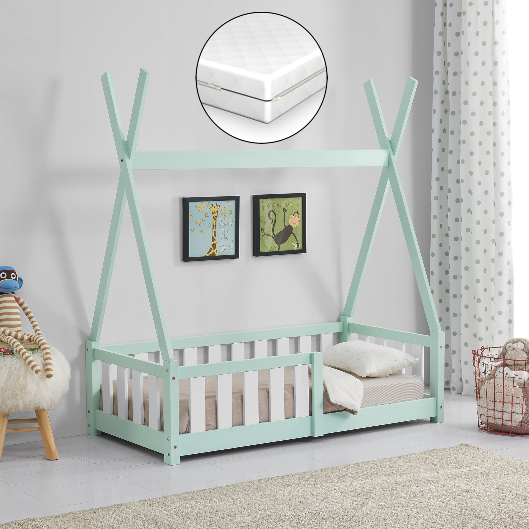 KINDERBETT Helsingborg mit Matratze - Mintgrün, Holz/Textil (70/140cm) - [en.casa]