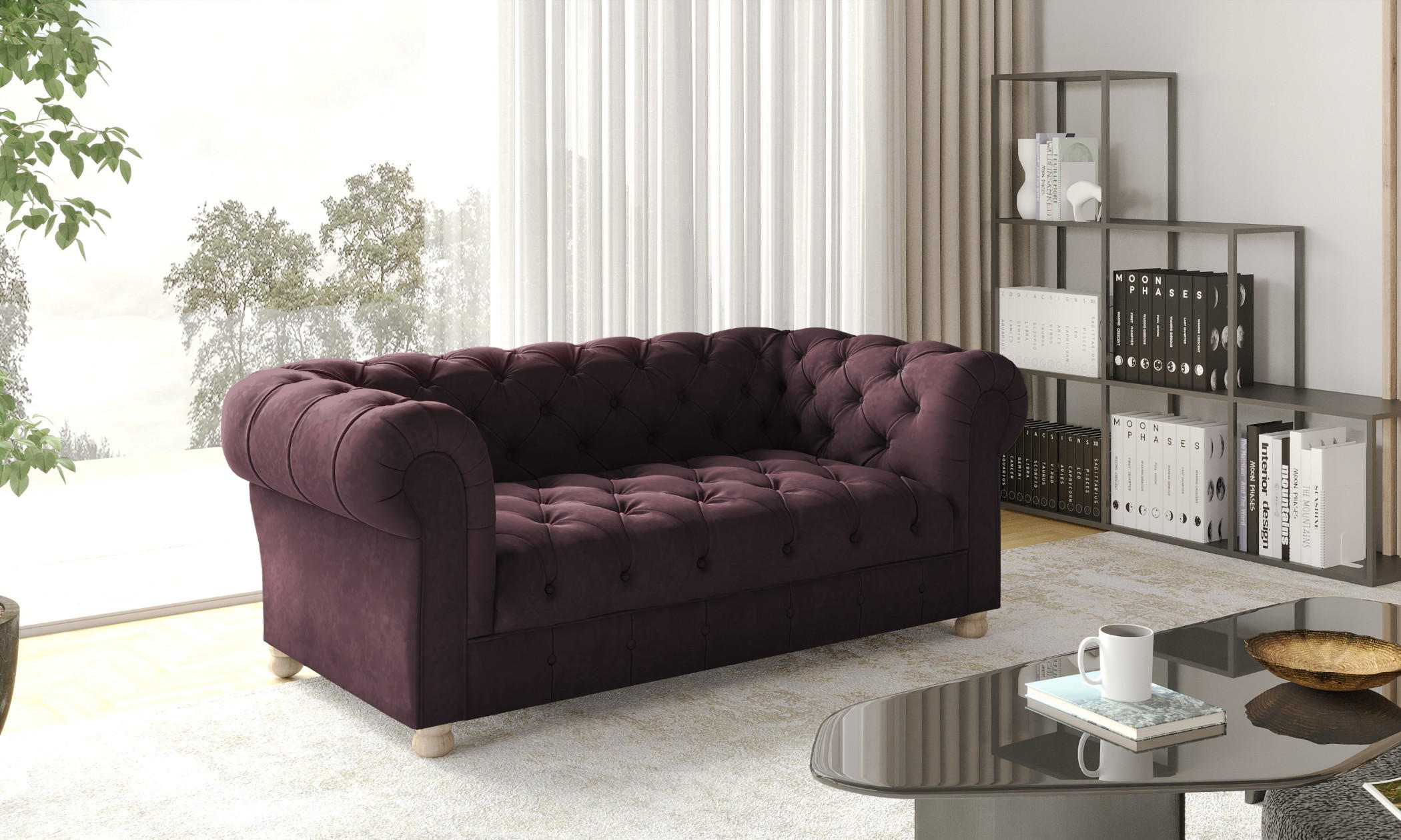 SOFA 2-Sitzer CHESTERFIELD Elegant Klassisch Schick Stoff Whisper Velours Rotwein - Rot, Holz/Textil (152/77/90cm) - Kaiser Möbel