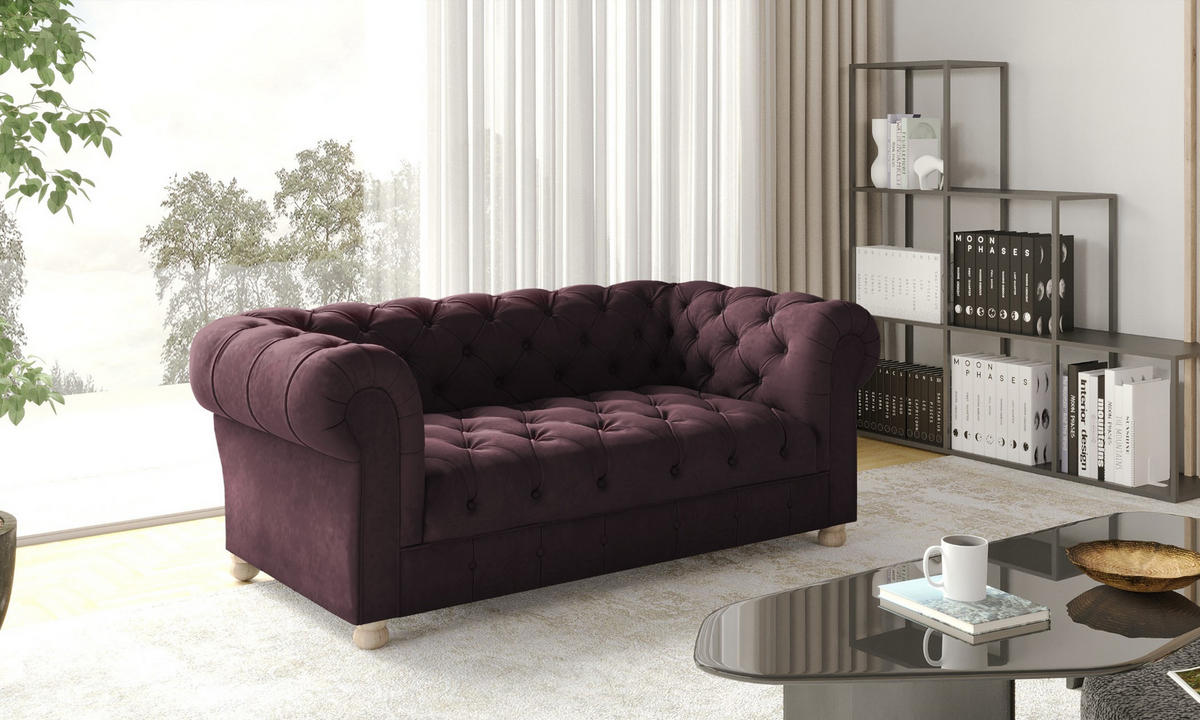 SOFA 2-Sitzer CHESTERFIELD Elegant Klassisch Schick Stoff Whisper Velours Rotwein - Rot, Holz/Textil (152/77/90cm) - Kaiser Möbel