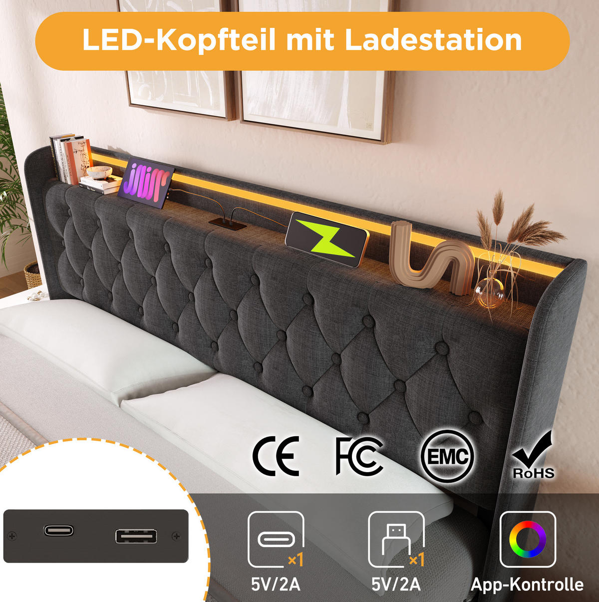 POLSTERBETT 140/200 cm Grau aus Leinen mit Stauraum LED-Beleuchtung und Matratze - Grau, Textil (140/200cm) - OKWISH