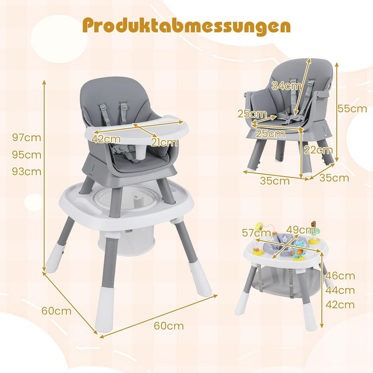 BABYHOCHSTUHL mit abnehmbarem Tablett grau - Grau, Kunststoff (60/93/60cm) - COSTWAY