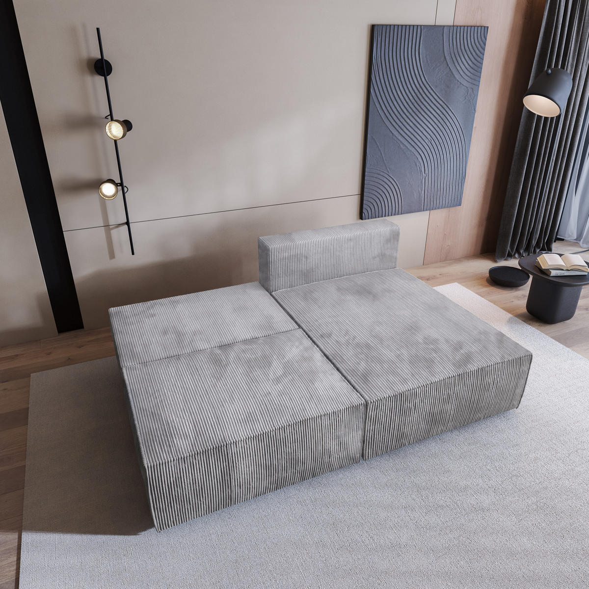 ECKSOFA FIORO P Hellgrau Kordstoff mit Schlaffunktion - Hellgrau, Holz (204/148cm) - MASSENO