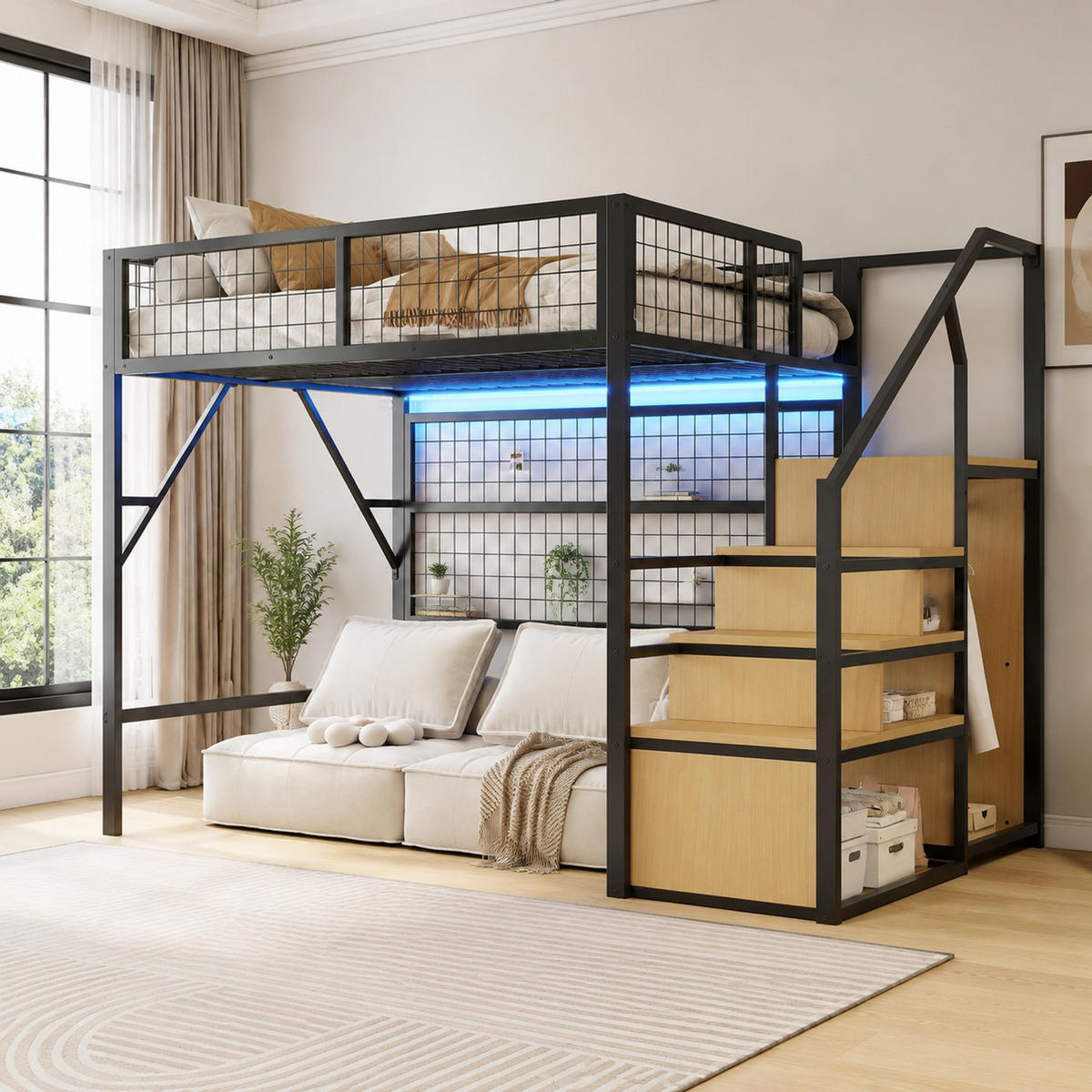 HOCHBETT 140/200 mit Stauraumtreppe, APP-LED und offenem Kleiderschrank in Schwarz - Schwarz, Holzwerkstoff/Metall (140/200cm) - EVRYAE