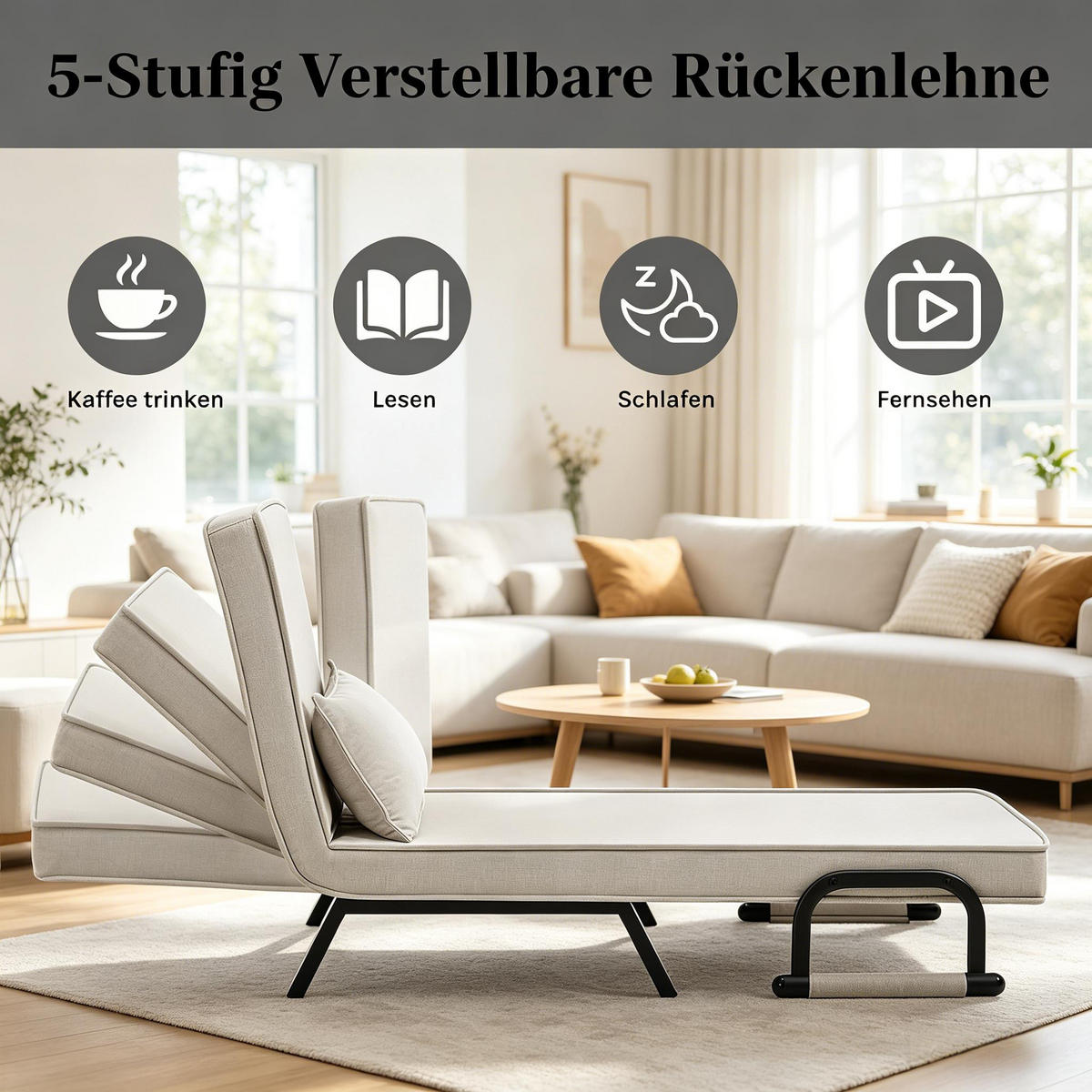 SCHLAFSESSEL 3-in-1, 5-fach verstellbar, DE-42146, Beige - Beige, Metall (75/78/65cm) - ComfortXL