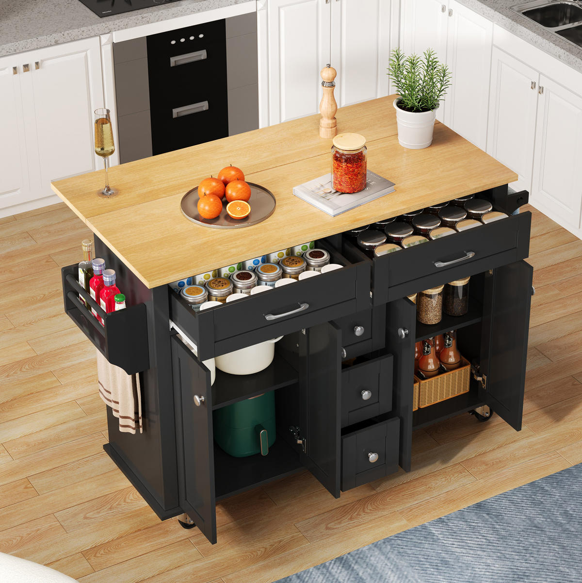 KUECHENWAGEN mit ausklappbarer Arbeitsplatte 140 cm Black/Natural - Schwarz, Holz (65/89/140cm) - Beauniv
