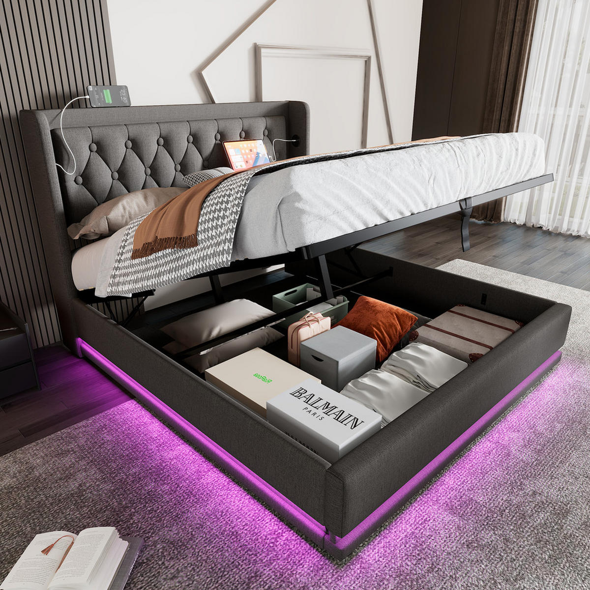 POLSTERBETT 160x200cm Doppelbett hydraulisch LED & USB-C Grau Baumwolle - Grau, Holz - FLIEKS