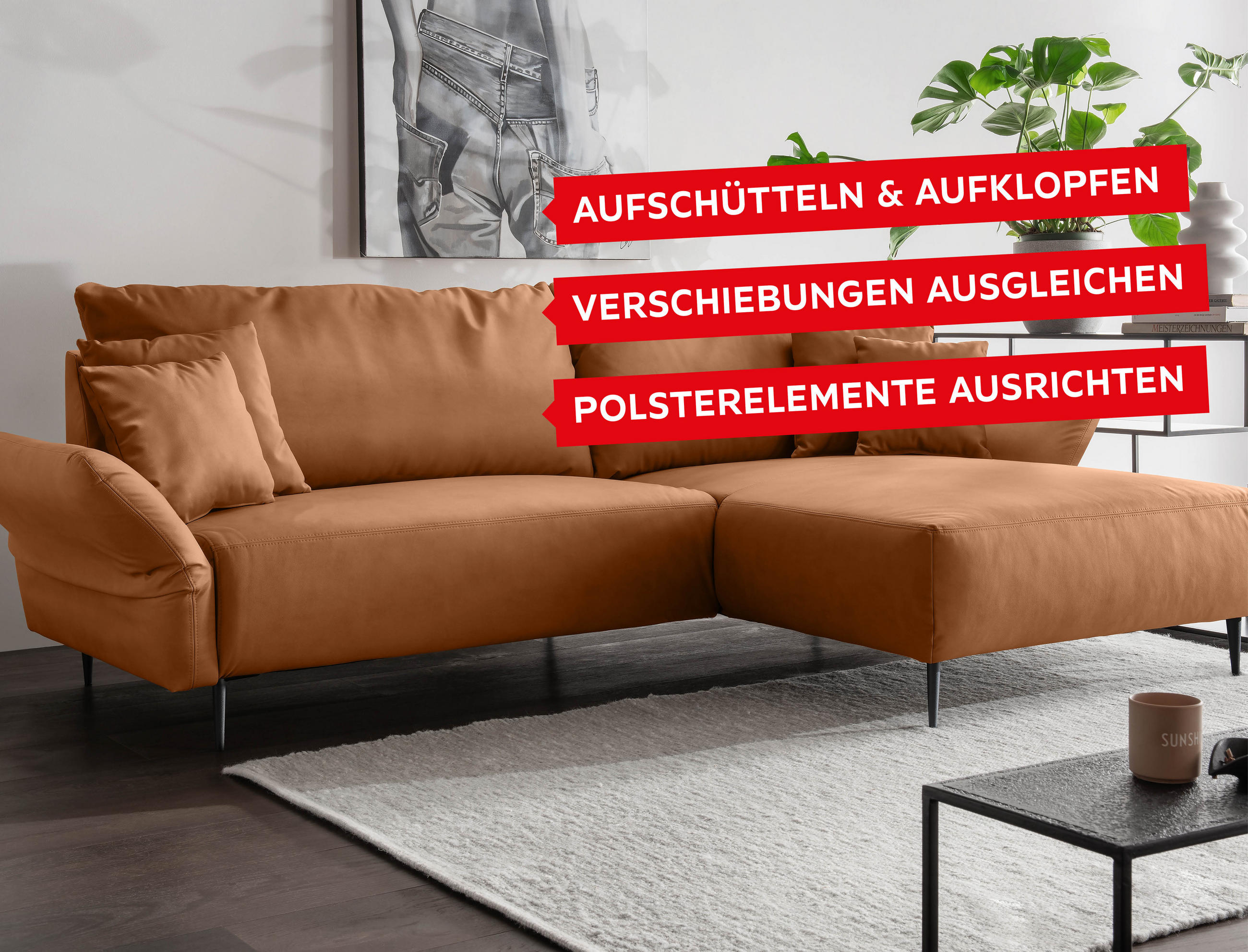 Aufschütteln &amp; Aufklopfen. Verschiebungen ausgleichen. Polsterelemte ausrichten