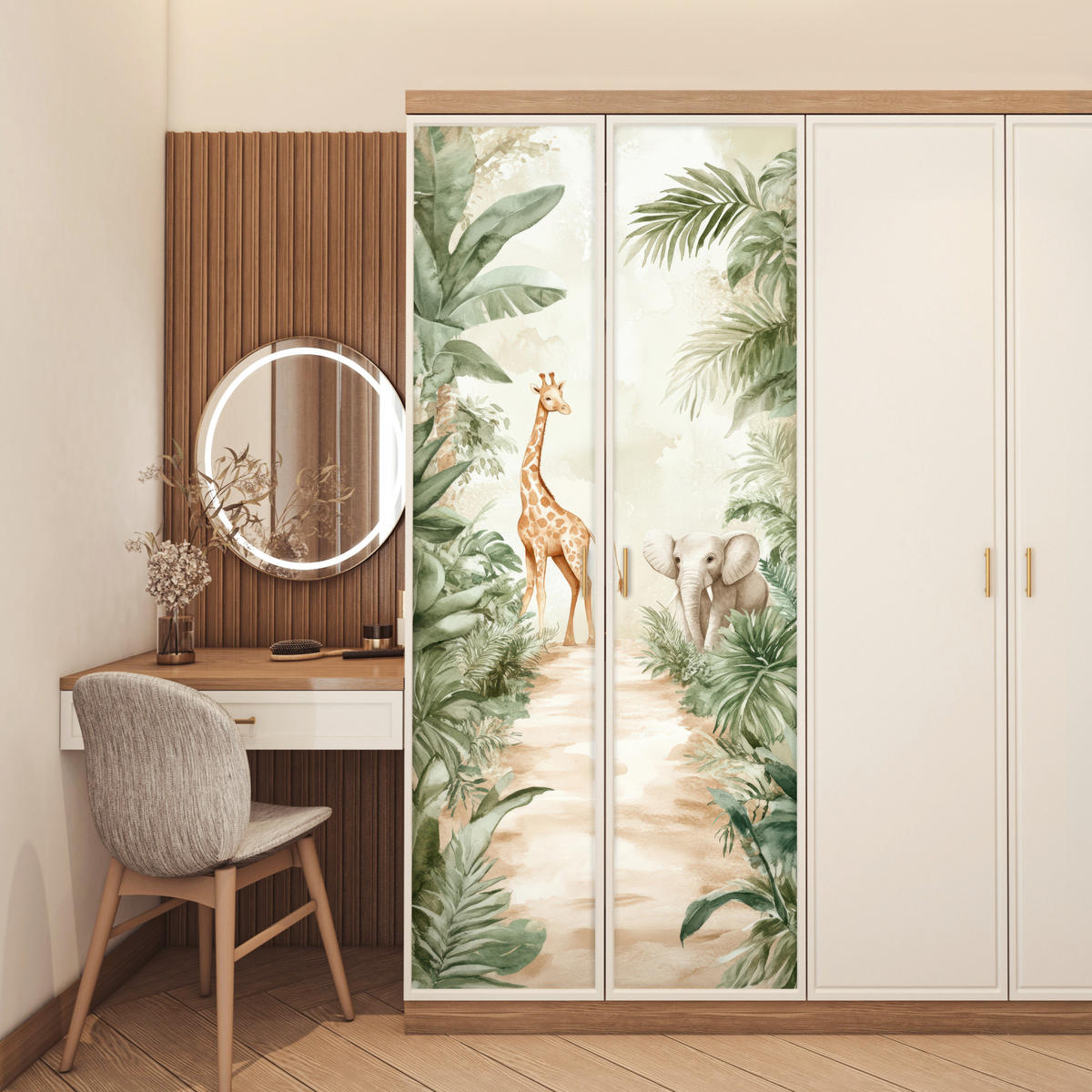 FOTOTAPETE Tür - Dschungel - Giraffe - Elefant - Grün - Natur 90x205 cm - Eukalyptusholzfarben, Kunststoff (90/0.1cm) - MuchoWow