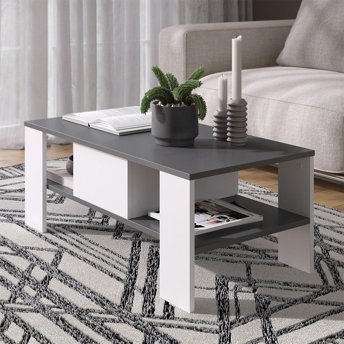 COUCHTISCH Wilmut Anthrazit/Weiß 89.8 x 46.4 cm mit Schublade - Anthrazit/Weiß, Holzwerkstoff (46.4/89.8/35.8cm) - Vicco