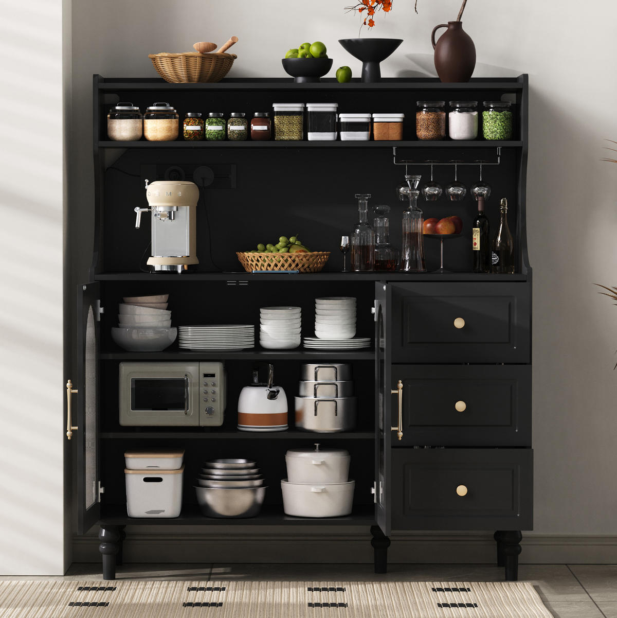 BUFFETSCHRANK 120/40/138,5 cm mit Steckdose, USB- und Typ-C-Anschluss, Gläserhalter und 3 Schubladen aus MDF, Schwarz - Schwarz, Holzwerkstoff (120/138.5/40cm) - Redom