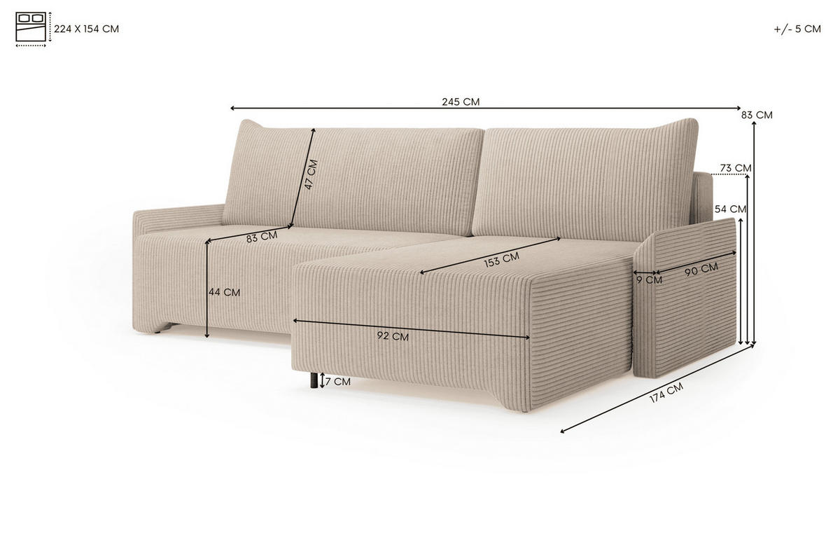 ECKSCHLAFSOFA - Rocky - Links, Beige (Poso 02) - Beige/Schwarz, Holzwerkstoff/Metall (245/174cm) - Möblo