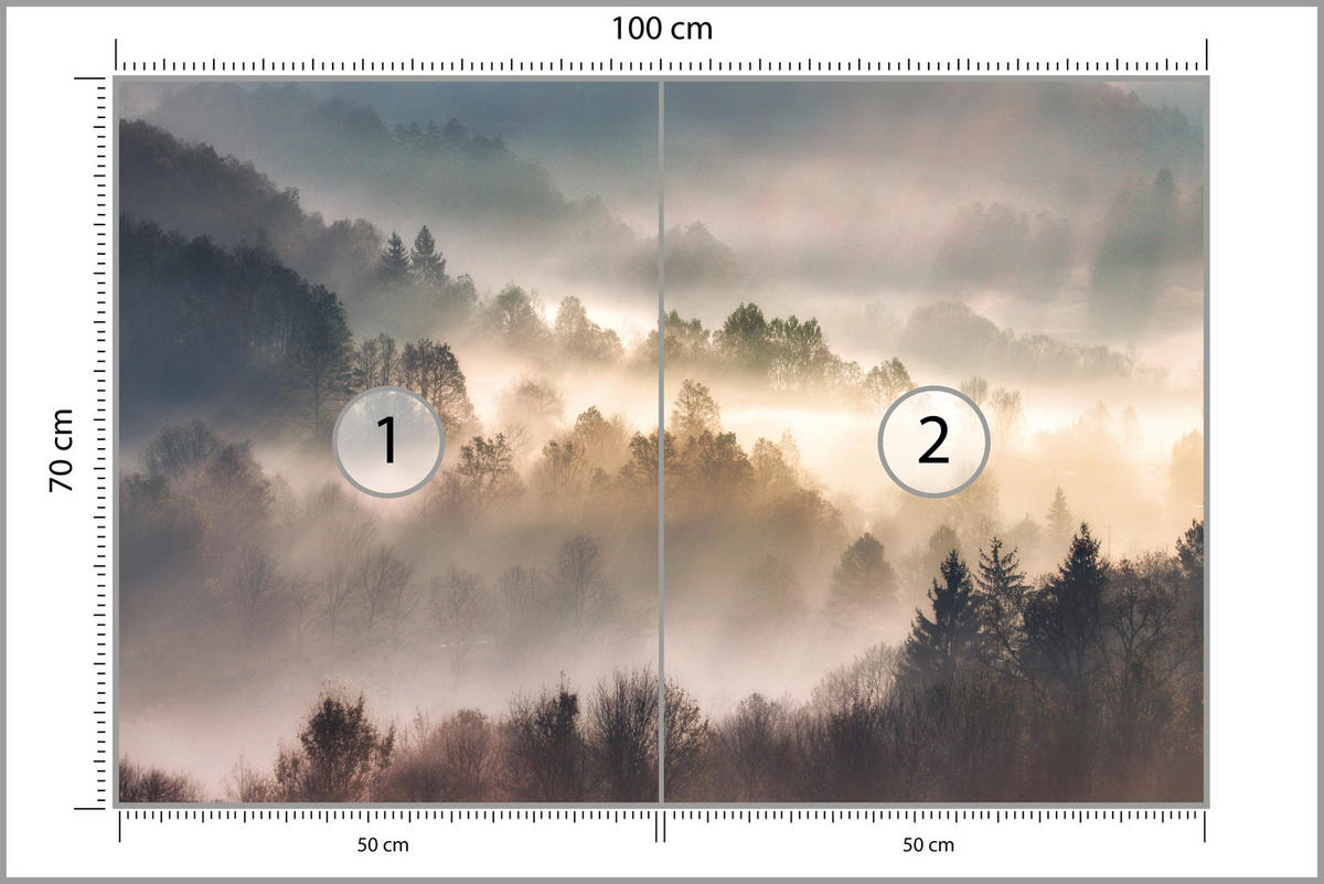 FOTOTAPETE für Wohnzimmer Natur Nebeliger Wald Sonnenaufgang Gebirge 100x70 - Gelb/Creme, Papier (100/70cm) - Muralo