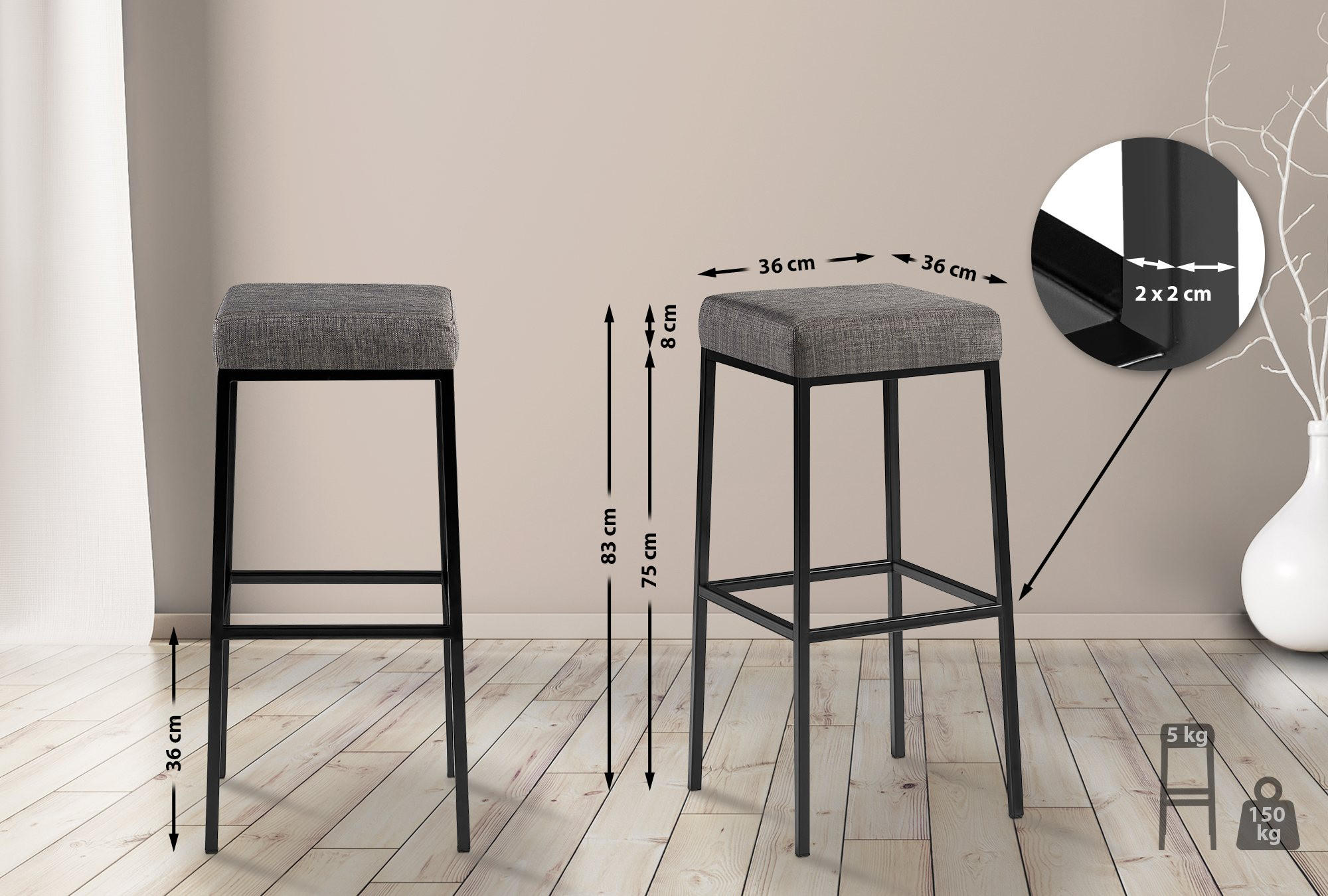 Thumbnail - CLP Barhocker, Grau, Textil, 37x83x37 cm, Esszimmer, Barmöbel, Barhocker