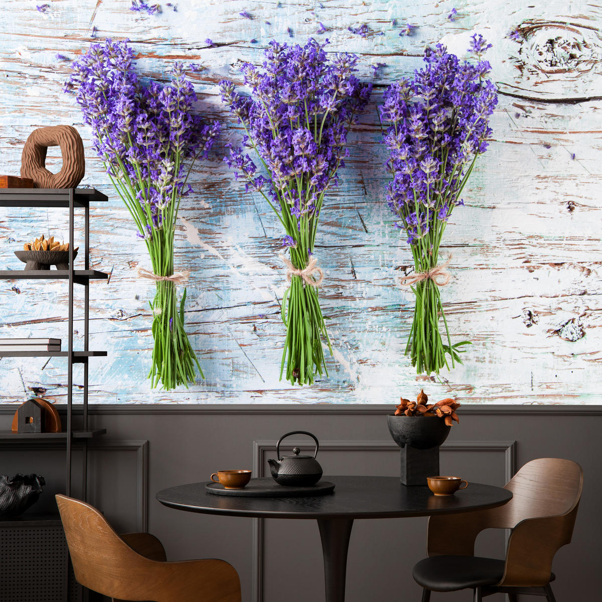 FOTOTAPETE für Küche Lavendelblüten Lila Holz Rustikal 250x175 - Violett/Weiß, Papier (250/175cm) - Muralo