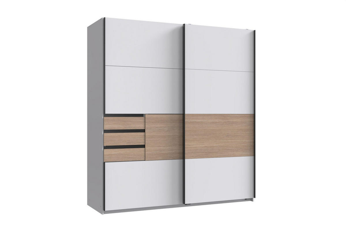 KLEIDERSCHRANK Bremen in Weiß mit Absetzungen in Multiplex Maße ca. 180 x 198 x 65 cm (B/H/T) – Schwebetürenschrank ohne Spiegel - Weiß, Holzwerkstoff (120/200/80cm)