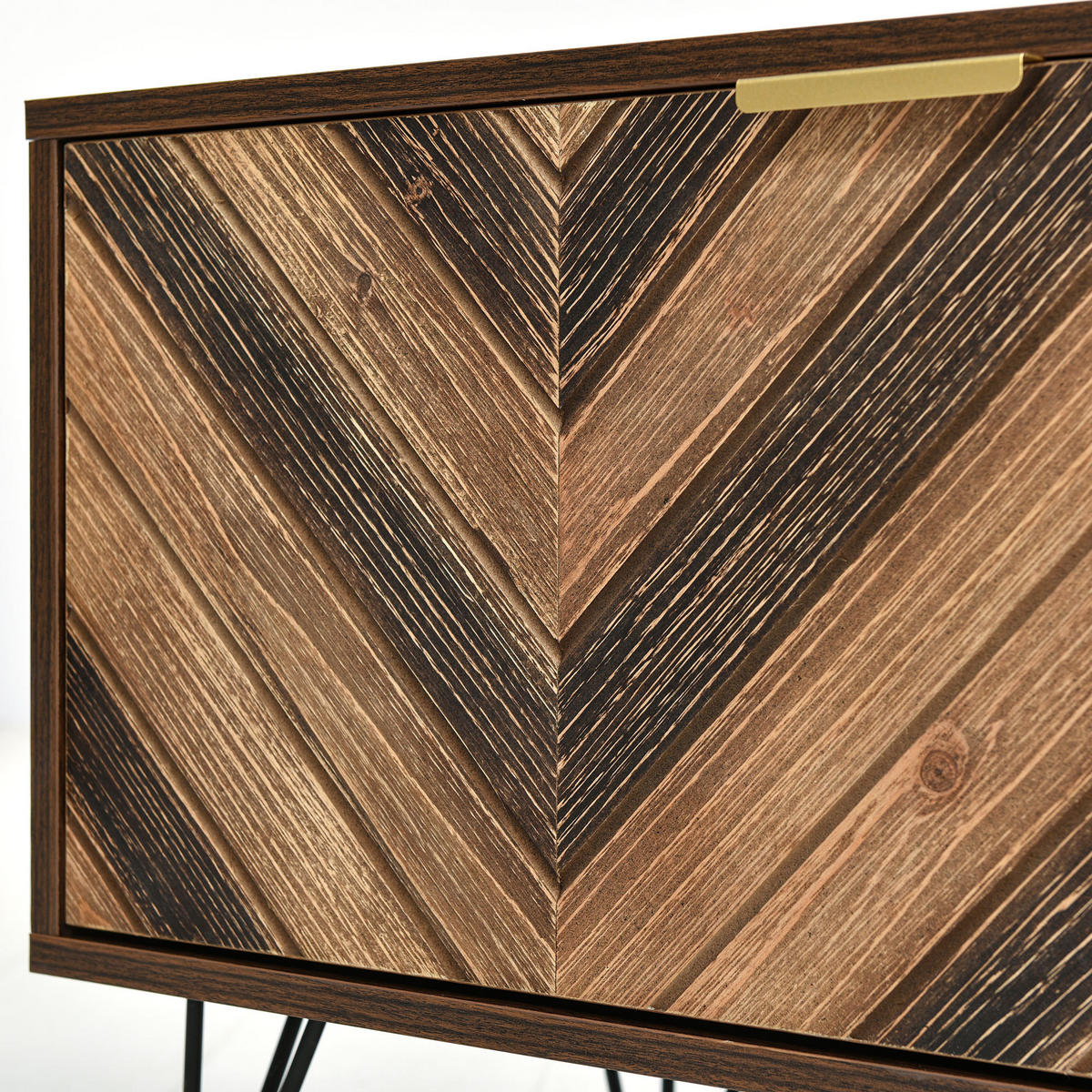 LOWBOARD in Naturfarben TV Schrank mit Türen aus Massivholzfurnier, Goldgriffen und Eisenfüßen, B155/T38/H48cm - Goldfarben/Naturfarben, Holzwerkstoff/Metall (155/48/38cm) - STILVORA