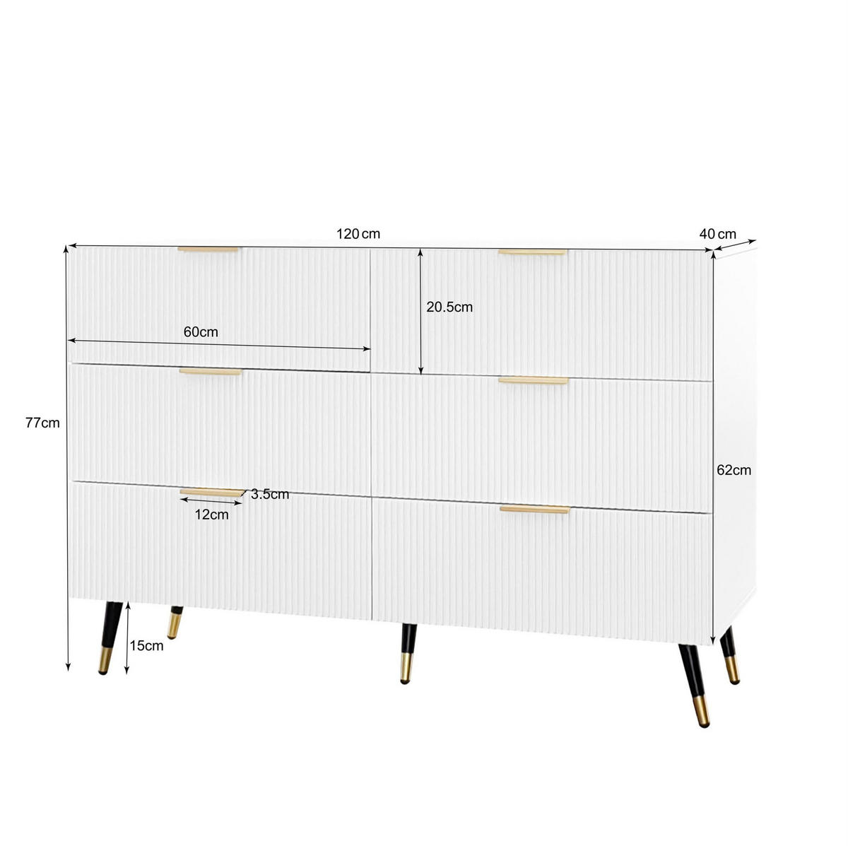 SIDEBOARD mit 6 Schubladen 120 x 40 x 77 cm Weiß - Weiß, Holzwerkstoff (120/77/40cm) - Meubliv