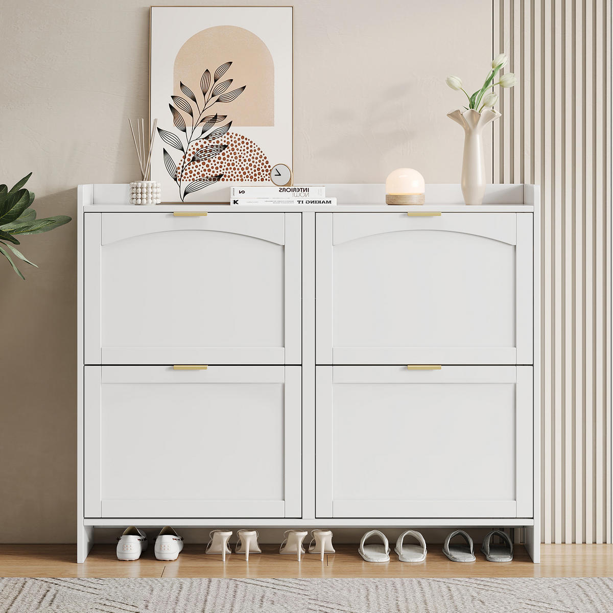 SCHUHSCHRANK aus Spanplatte 110x24x90cm in Weiß mit 4 Klappfächern - Weiß, Holzwerkstoff (110/90/24cm) - Modfu