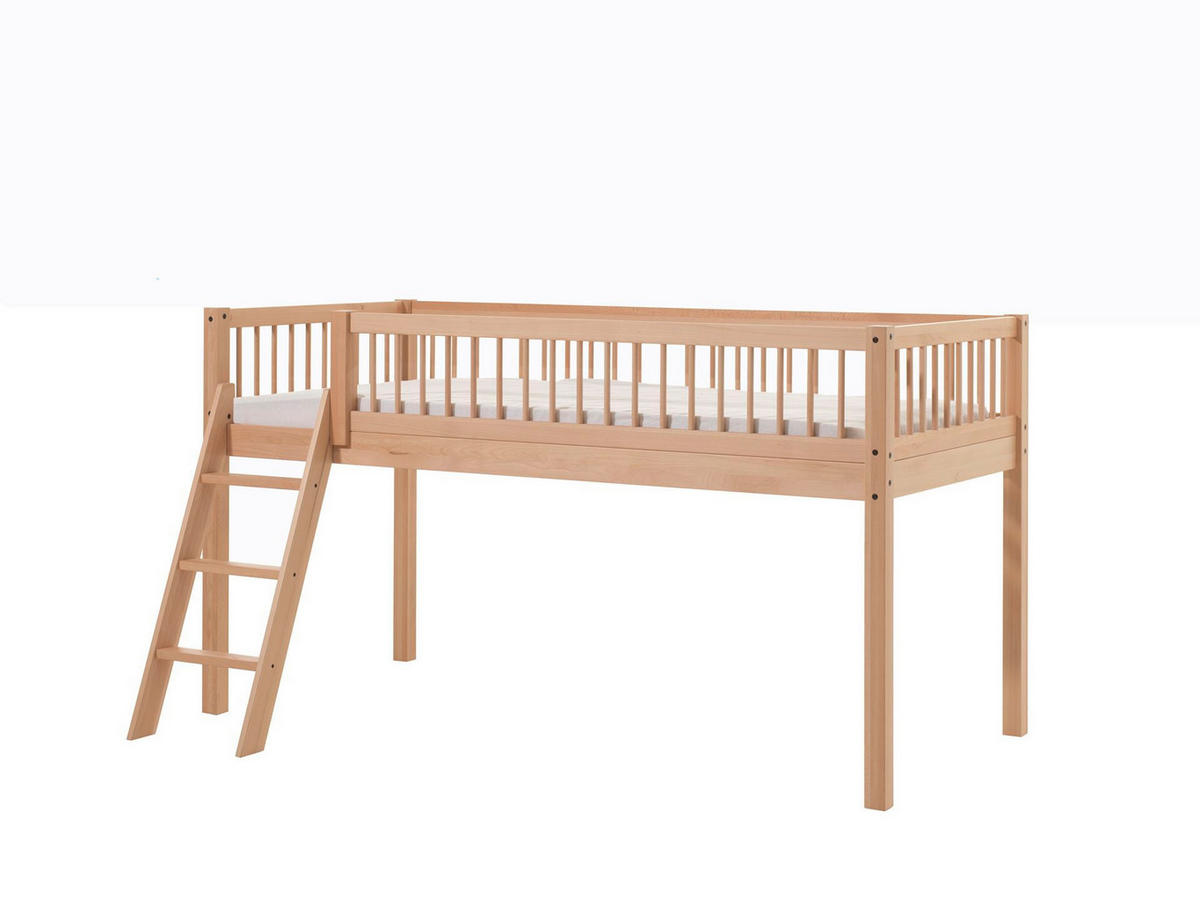 HALBHOHES BETT Kelci 90x200 Leiter + Textilset Buche Massivholz natur - Buchefarben, Holz (90/200cm) - 58aufmkessel