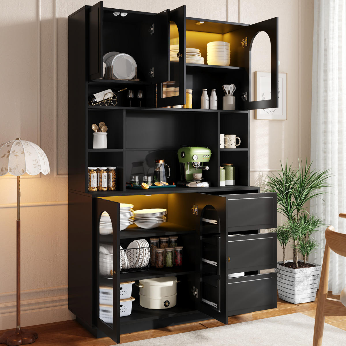 GESCHIRRSCHRANK LED Bogen Türen Acryltüren - Schwarz, Holzwerkstoff (106/175/30cm) - FLIEKS