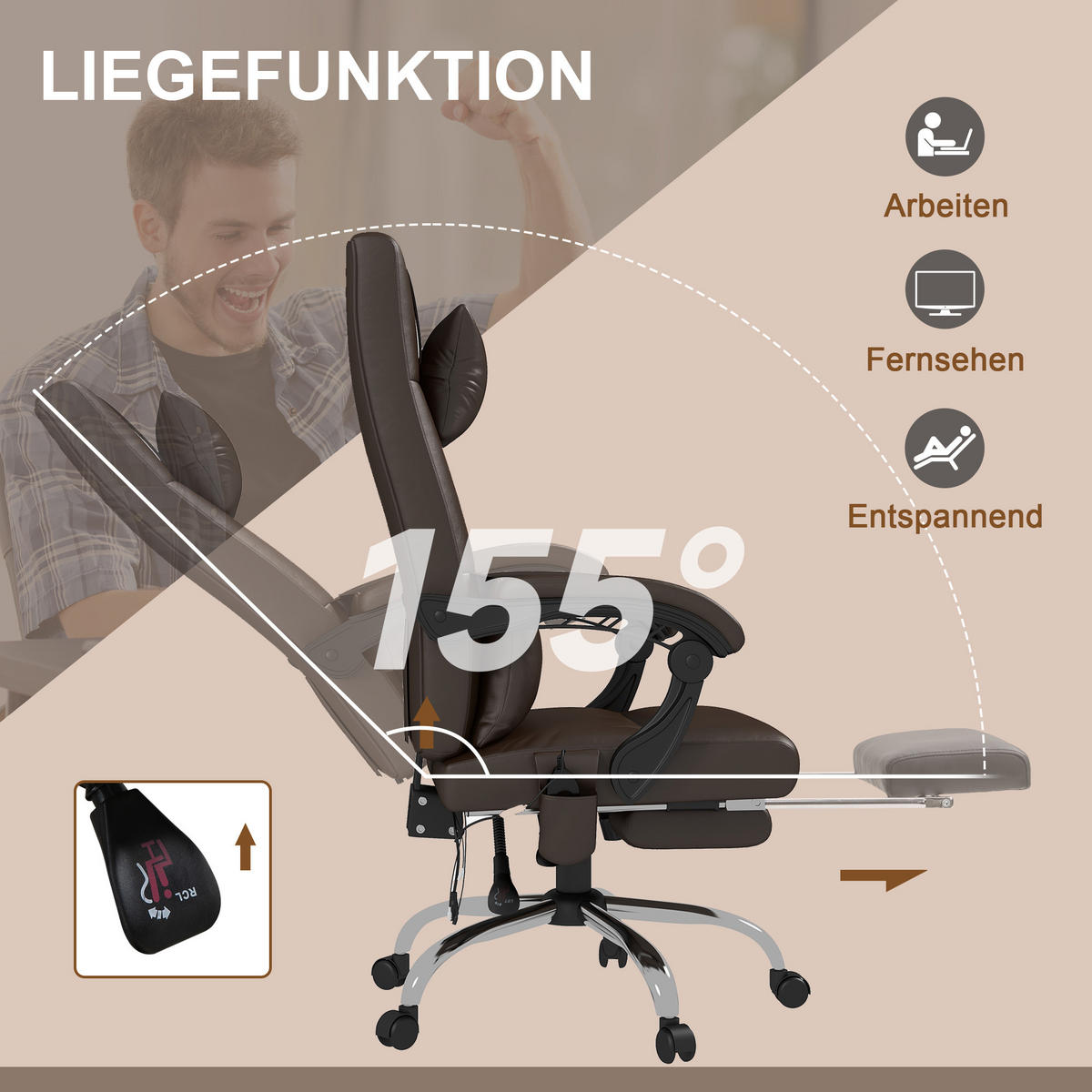 BÜROSTUHL mit Liegefunktion 66 x 67 x 123 cm Kaffee-Braun - Braun, Kunststoff (66/123/67cm) - Vinsetto