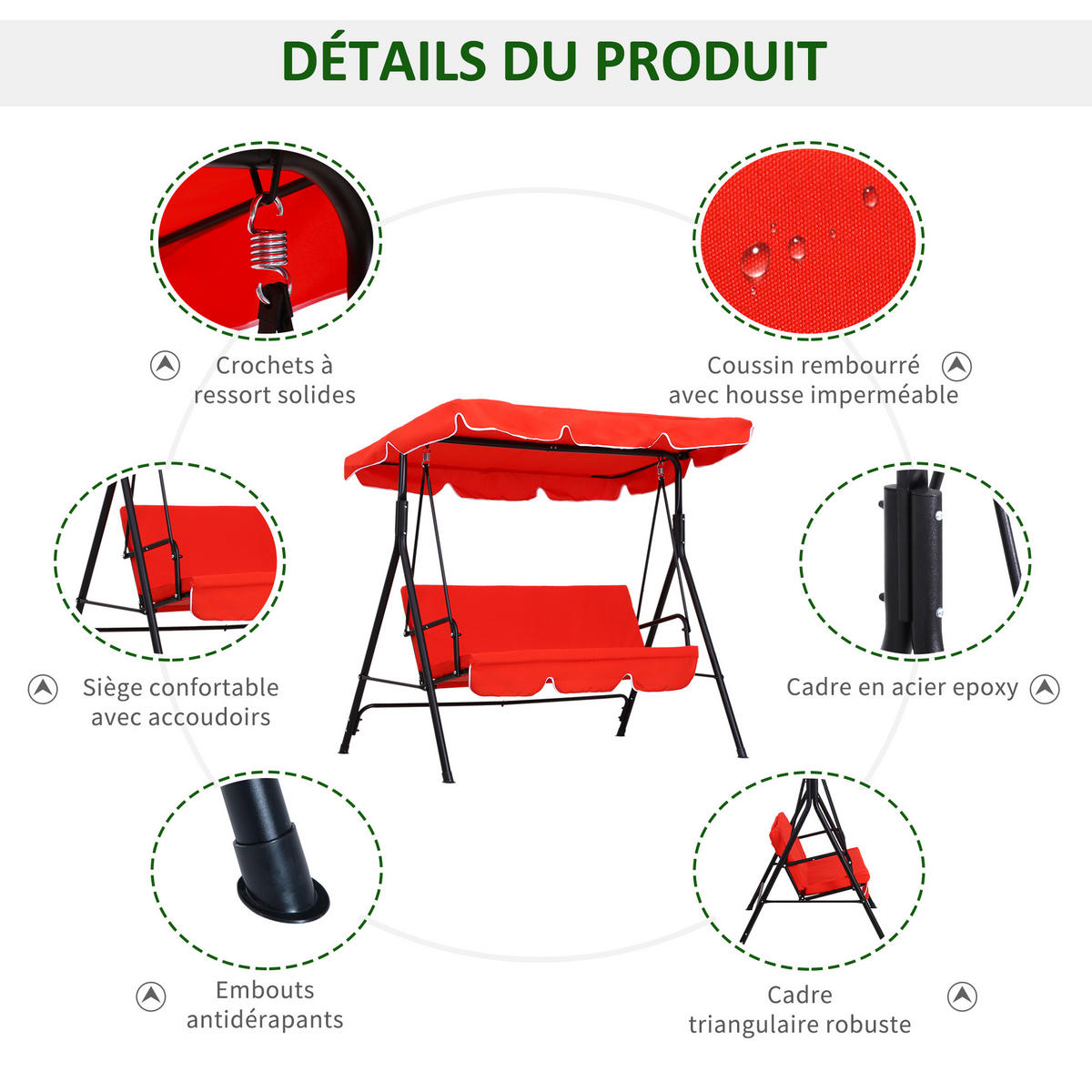 HOLLYWOODSCHAUKEL DE-15227 3-Sitzer mit verstellbarem Dach Rot - Rot, Metall (110/152/172cm) - ComfortXL