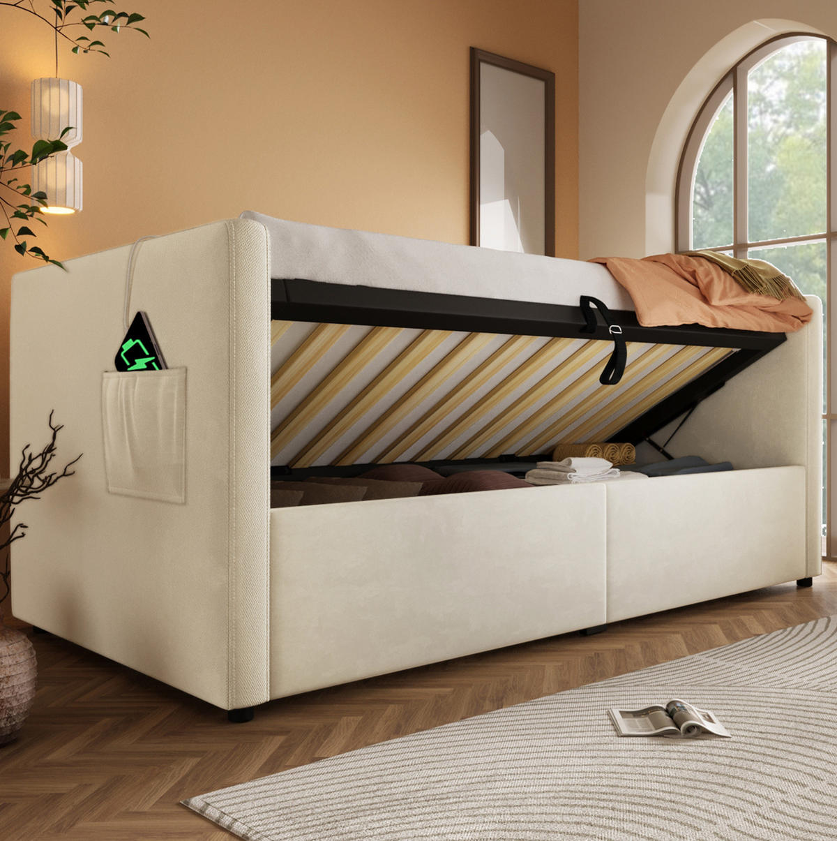 POSTEL 90/200 cm samet béžová s hydraulickým úložným prostorem a USB/Type-C - béžová, textil (90/200cm) - BEAOK