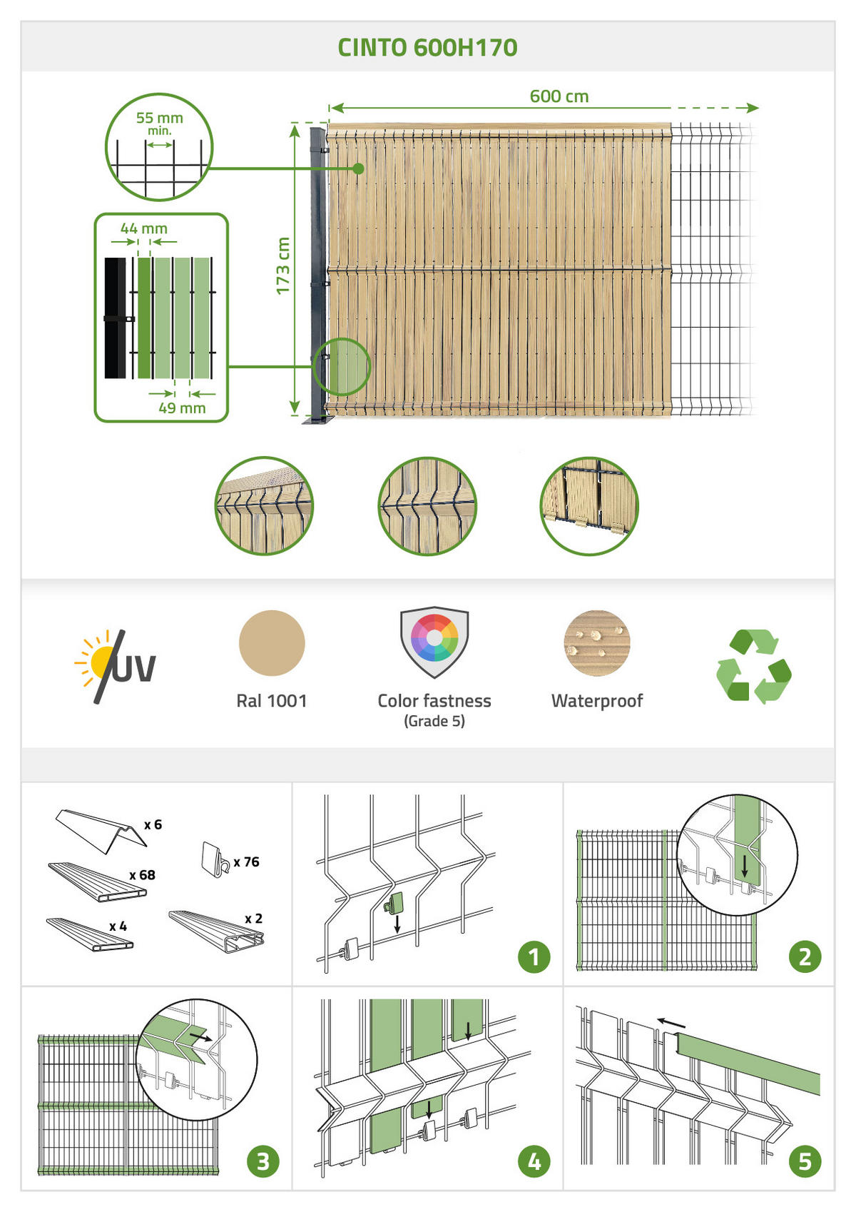 PVC-SICHTSCHUTZLAMELLEN-STEIF-SET Cinto beige 6m H.170cm - Mit clips und Endprofil - Beige, Kunststoff (600/173cm) - Casanoov