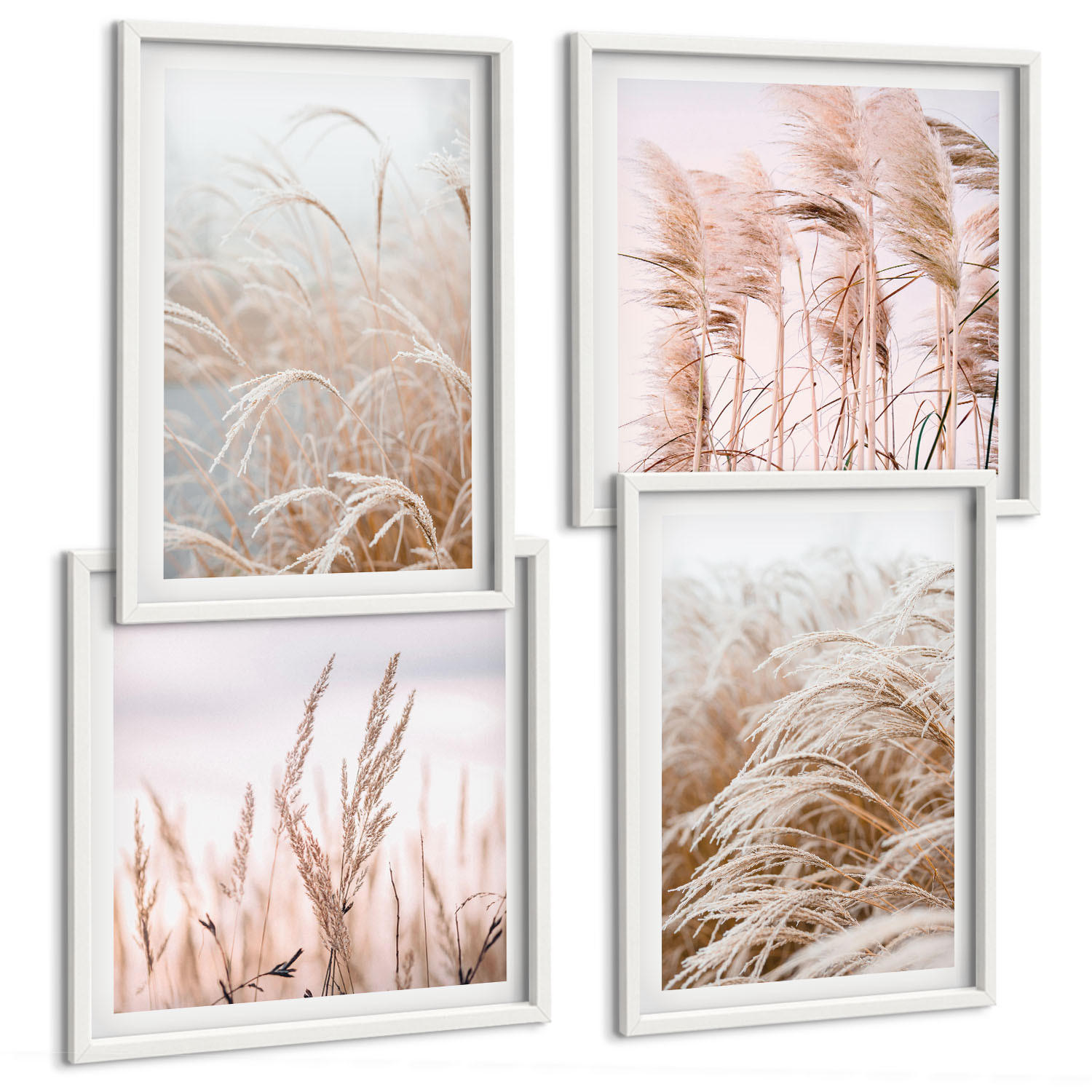 BILDER SET 4er Set - 50x50 cm & 40x60 cm Weißer Rahmen - Grasfelder in Braun- und Beigetönen - Weiß, Kunststoff (50/50cm) - TULUP