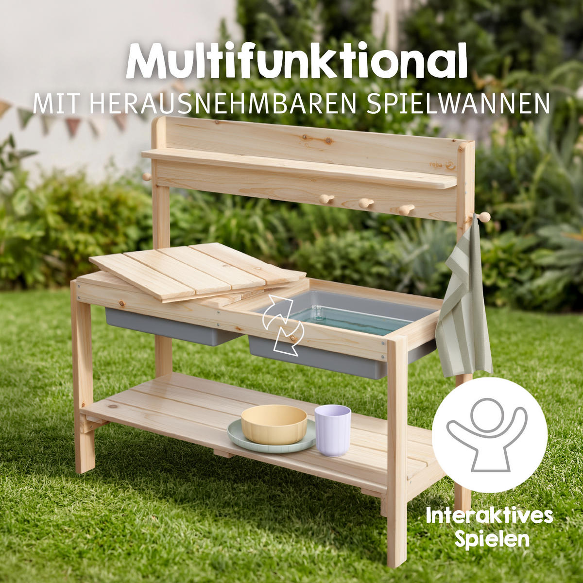KÜLTÉRI JÁTÉKKONYHA „FUN” játéktállal természetes színű - natúr, műanyag/fa (35/89.5cm) - Roba