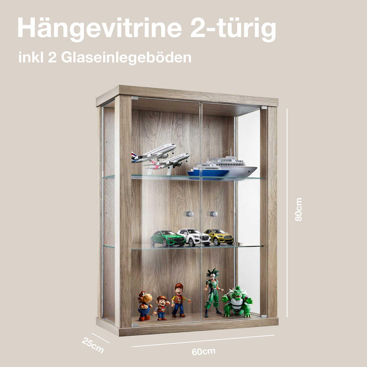 HÄNGEVITRINE 25/60/80 cm mit 2 höhenverstellbaren Glasböden - Transparent/Silberfarben, Glas/Holzwerkstoff (60/80/25cm) - K-Möbel