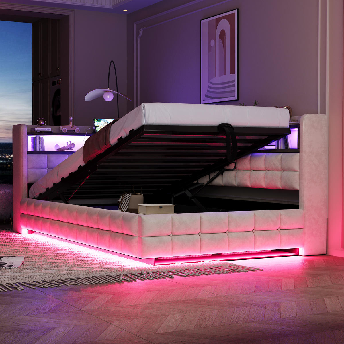 POLSTERBETT 90x200 Beige Samt LED Stauraum - Beige, Textil (90/200cm) - FLIEKS
