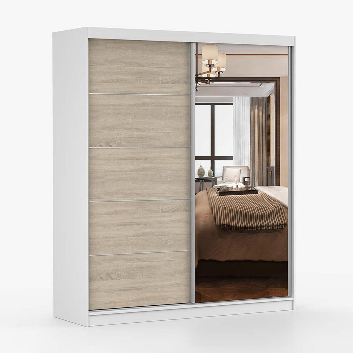 SCHWEBETÜRENSCHRANK 183/218/61 cm 2-türig Bella 03 Weiß, Sonoma Eiche - Alufarben/Weiß, Glas/Holzwerkstoff (183/200/61cm) - imoebel24