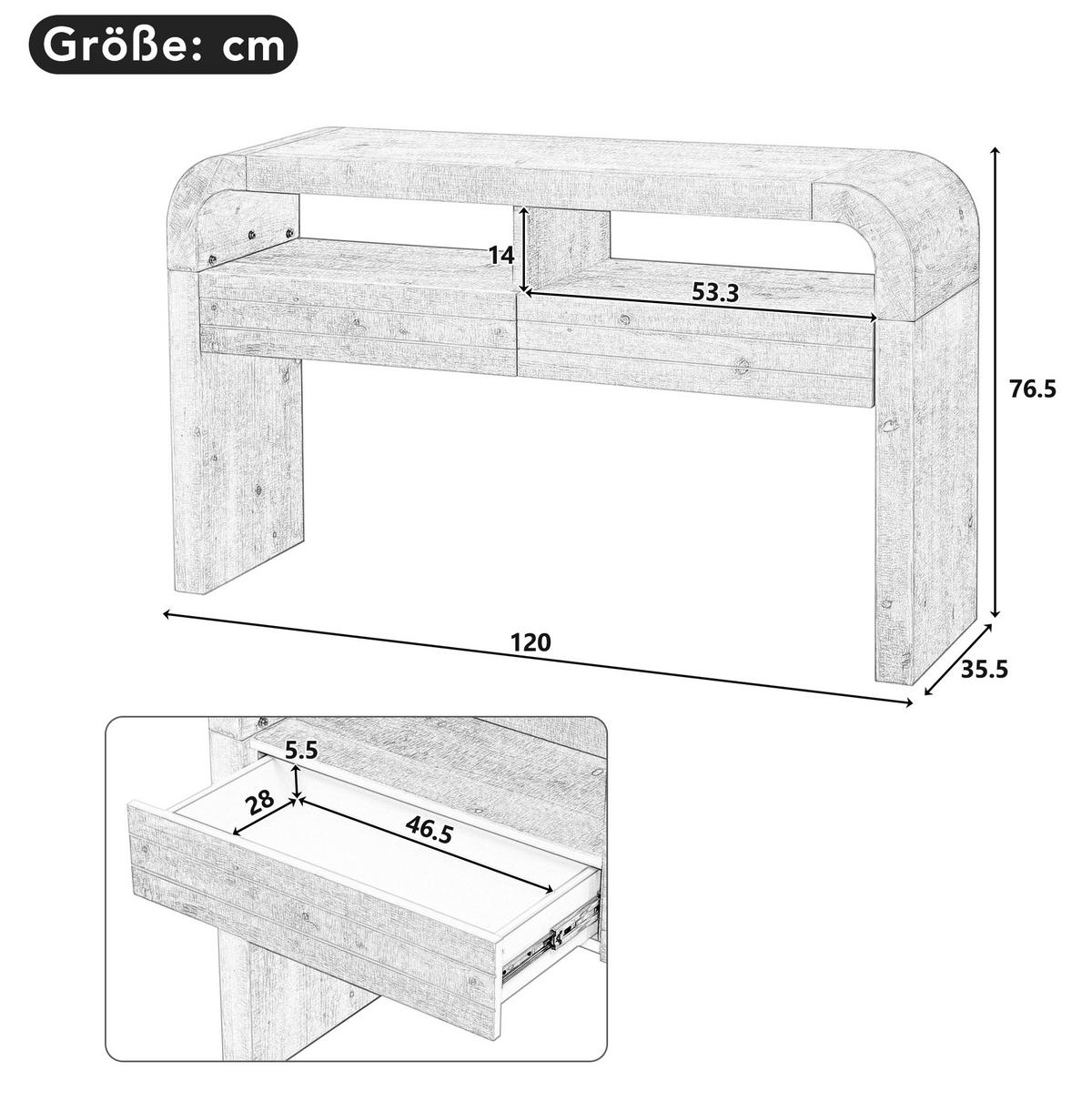 KONSOLENTISCH 120/35,5/76,5 cm in Natur mit 2 Schubladen und offenen Fächern - Naturfarben, Holzwerkstoff (120/35.5/76.5cm) - Flora Grace
