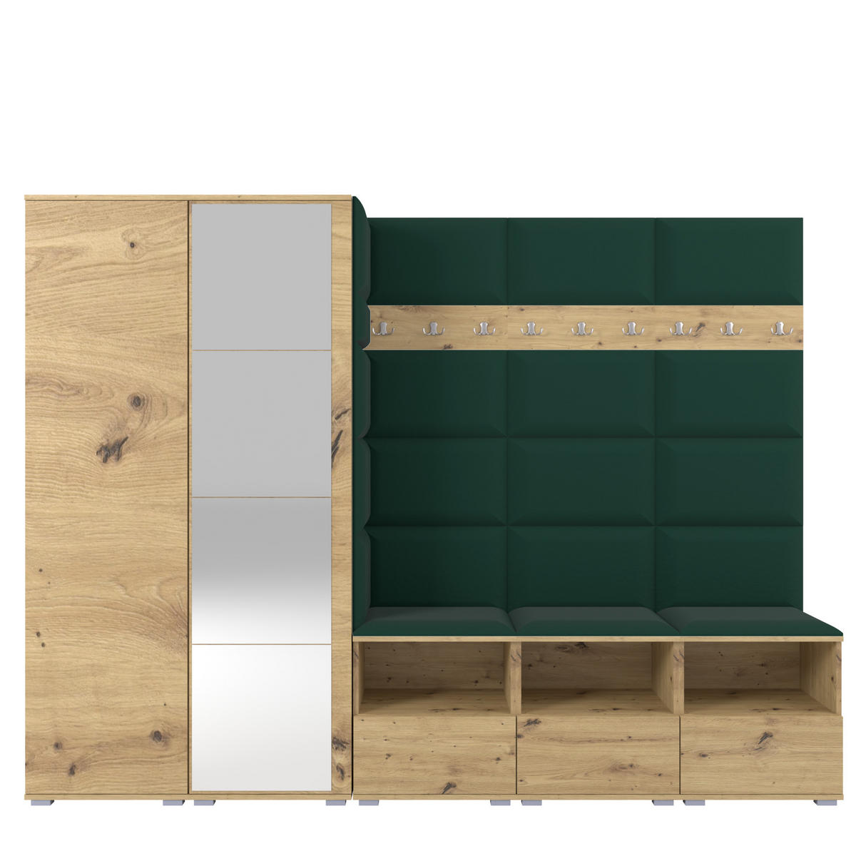 GARDEROBE NELA VII 250 cm (Modulare Flurmöbel XL Artisan Eiche mit Spiegel & Sitzpolster Flaschengrün 28 Universell) - Dunkelgrün/Silberfarben, Holz/Holzwerkstoff (250/187/40cm) - Ravio