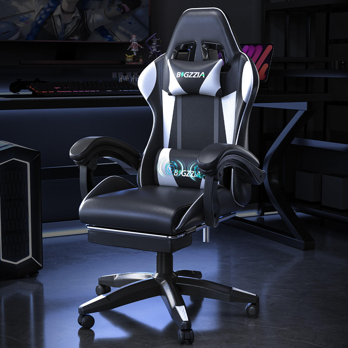 GAMINGSTUHL Schwarz-Weiß,mit Massage,Fußstütze, Ergonomisch, Verstellbar - Weiß, Metall (26/59/77cm) - Rattrix