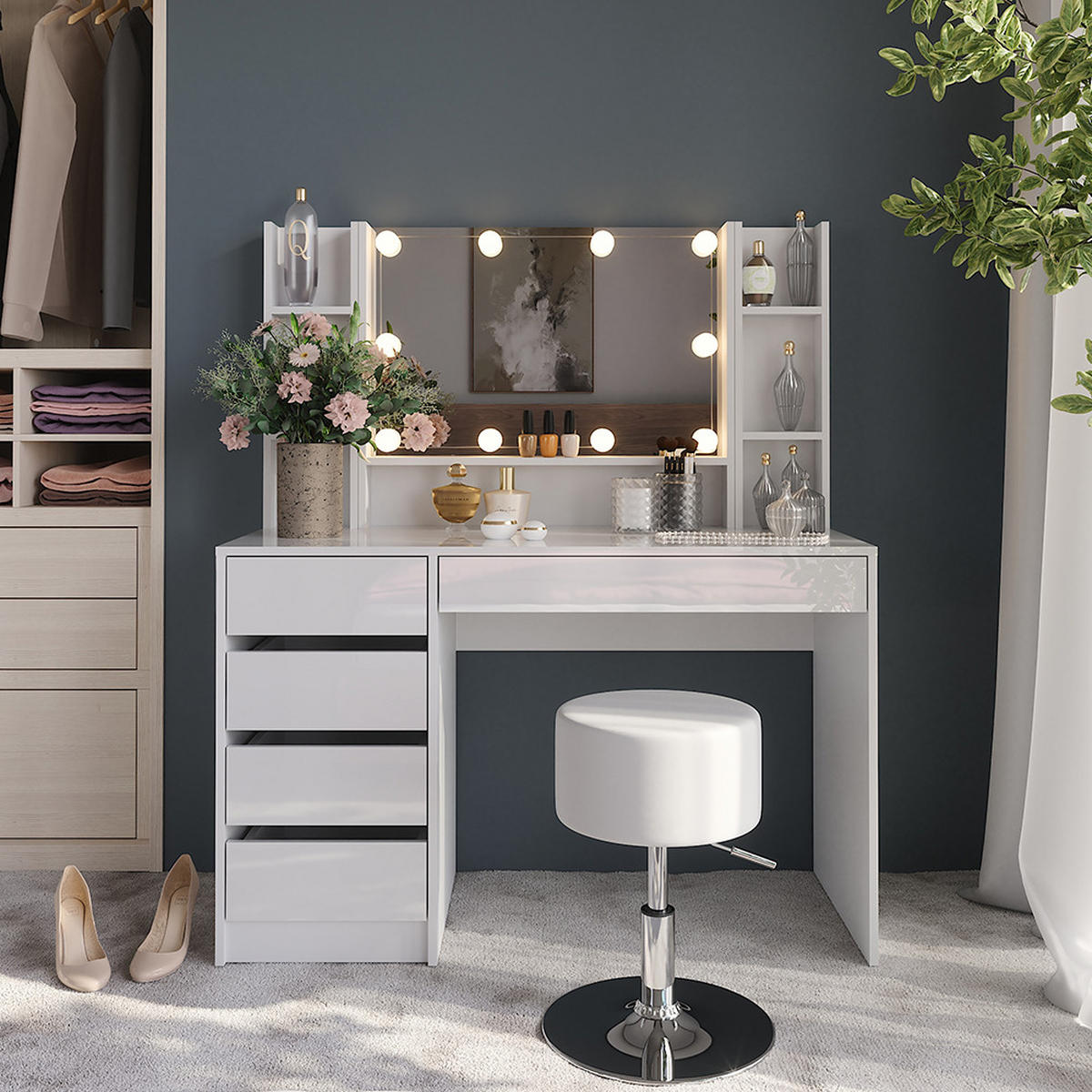 SCHMINKTISCH Sherry Weiß/Weiß Hochglanz 119.8 cm 5 Teile - Weiß Hochglanz, Holzwerkstoff (119.8/76/50.1cm) - Vicco