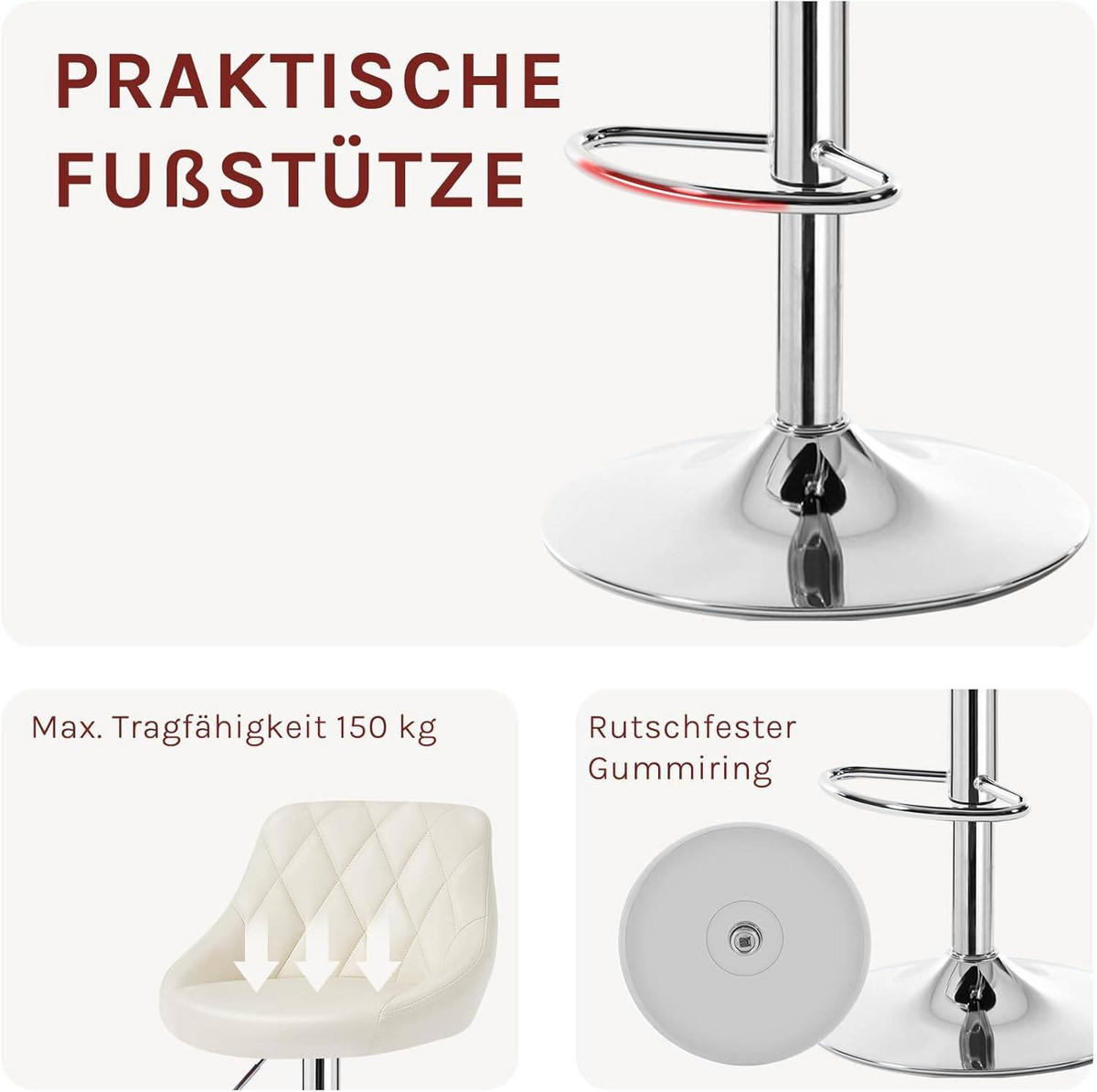BARHOCKER 2er Set, Kunstleder,Höhenverstellbar, 360° Drehbar - Creme, Metall (47/104/39cm) - Woltu