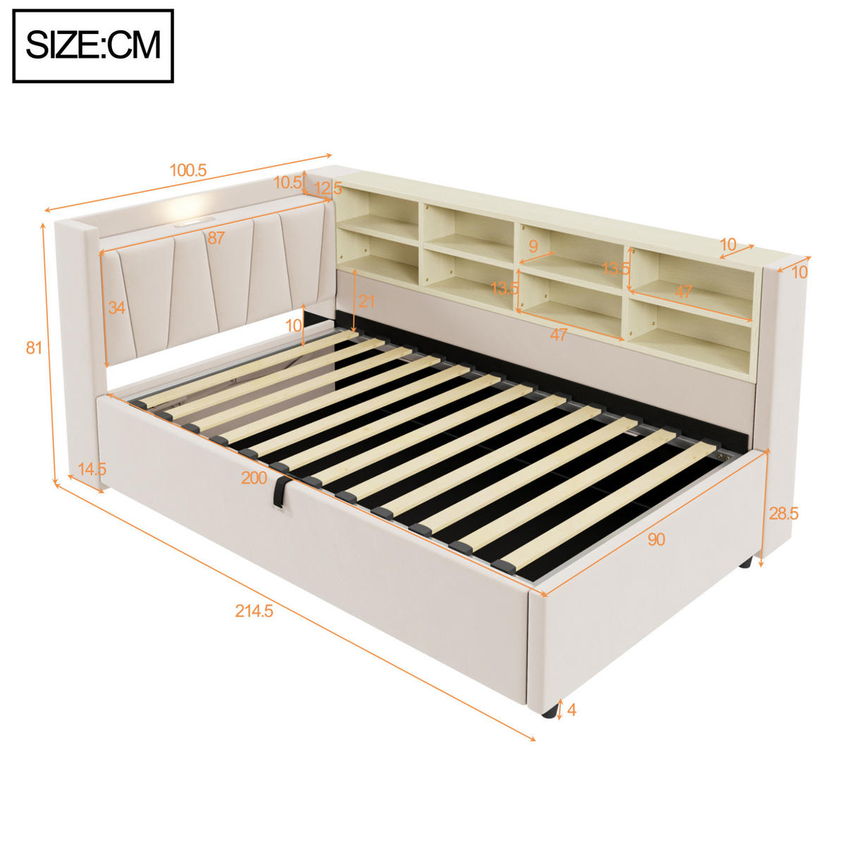 POLSTERBETT Schlafsofa aus Samt 90x200 cm Beige mit hydraulischem Stauraum, Nachtlicht, USB- und Typ-C-Anschluss - Beige, Textil (90/200cm) - Modfu
