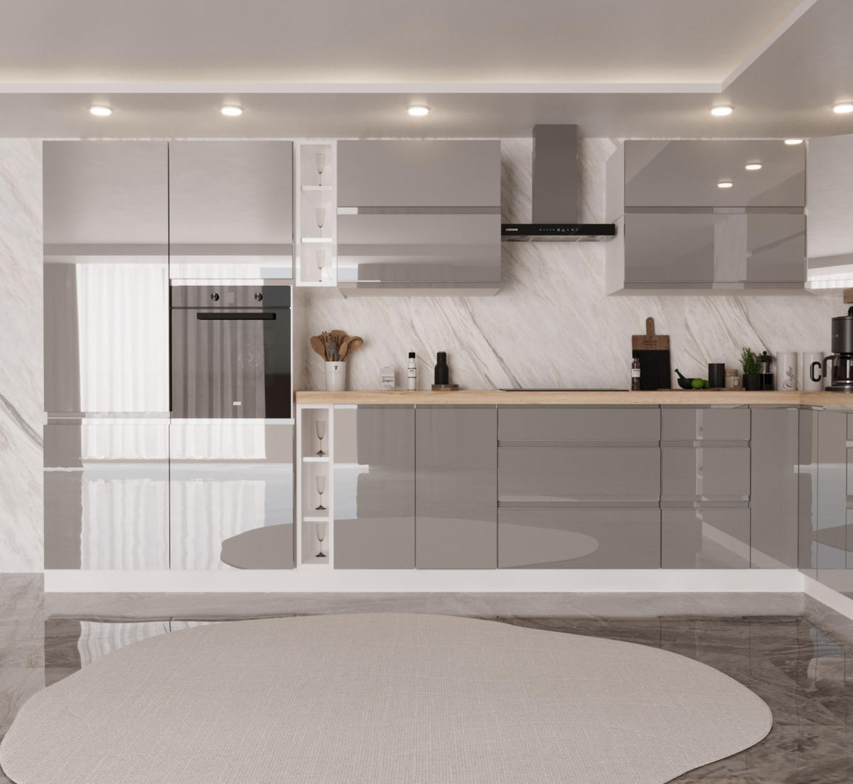 WINKELKÜCHE 420 cm x 240 cm - Aspen KA7-M420 - in Grau/Hochglanz - Grau, Holz (660/212/58cm)