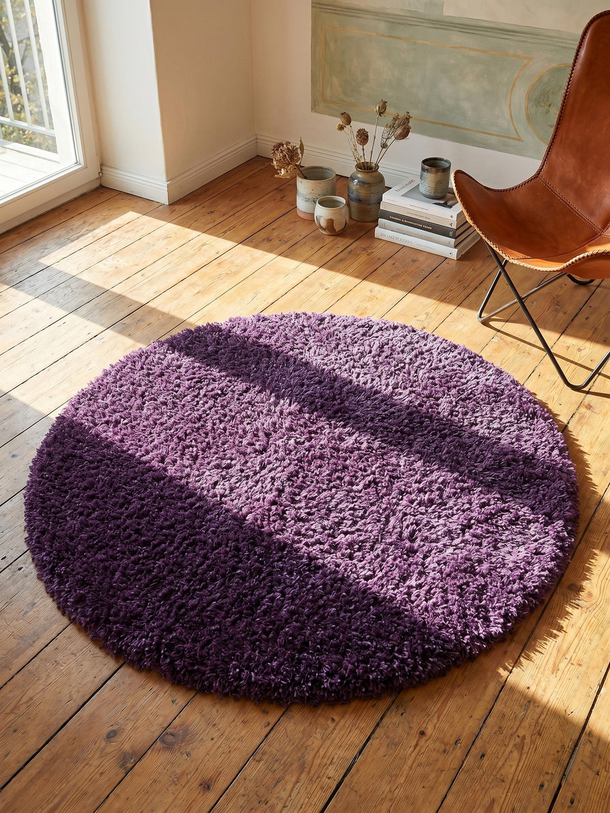 TEPPICH Hochflor Shaggy Einfarbig Weich Flauschig Waschbar Rund Violett 120x120 cm – SALZACH - Lila, Textil (120/120cm) - KADIMA DESIGN