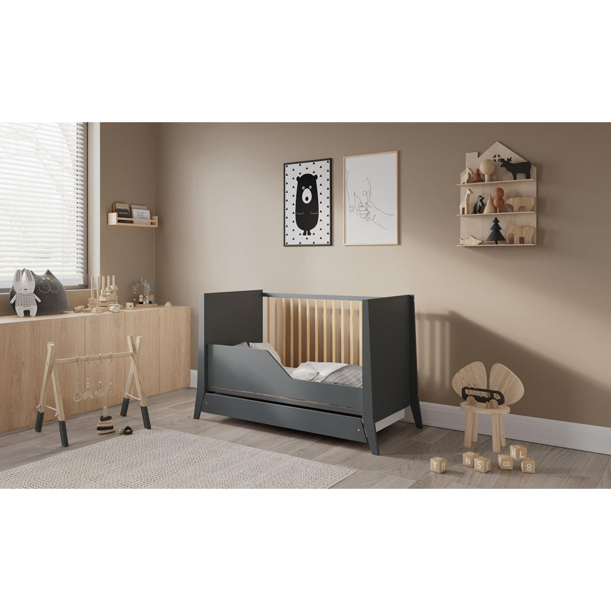BABYBETT Zoe, Mitwachsendes, mit Schublade Anthrazit - Anthrazit, Holz (60/120cm) - Premiers Moments