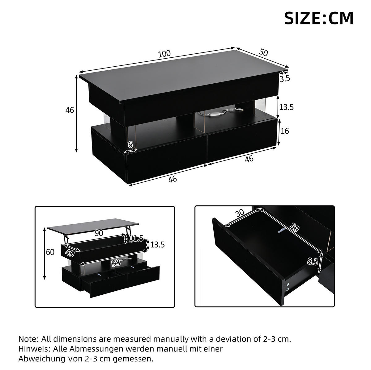 COUCHTISCH aus MDF 100x50x46 cm Schwarz mit Hubfunktion, LED-Beleuchtung und 2 Schubladen - Schwarz, Holzwerkstoff (100/50/46cm) - IVMEU