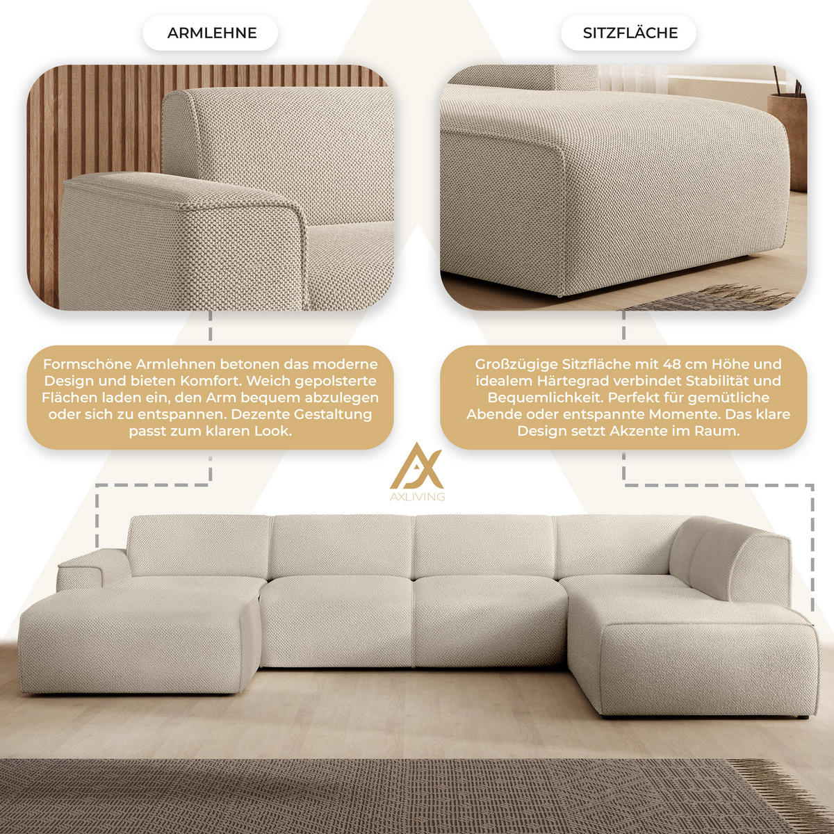 WOHNLANDSCHAFT Didim Taupe 378/220/78 cm – großes Sofa stilvoll & bequem R - Taupe/Schwarz, Kunststoff/Textil (378/78/220cm) - AX Living