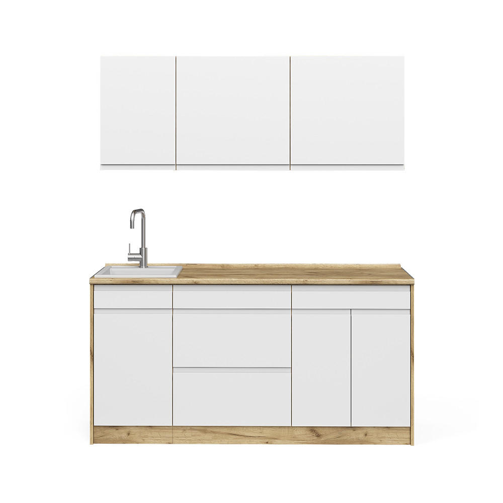 SINGLEKÜCHE R-Line, Weiß/Goldkraft Eiche, 160 cm Arbeitsplatte Platin - Eichefarben/Weiß, Holzwerkstoff (160/81.6/60cm) - Vicco