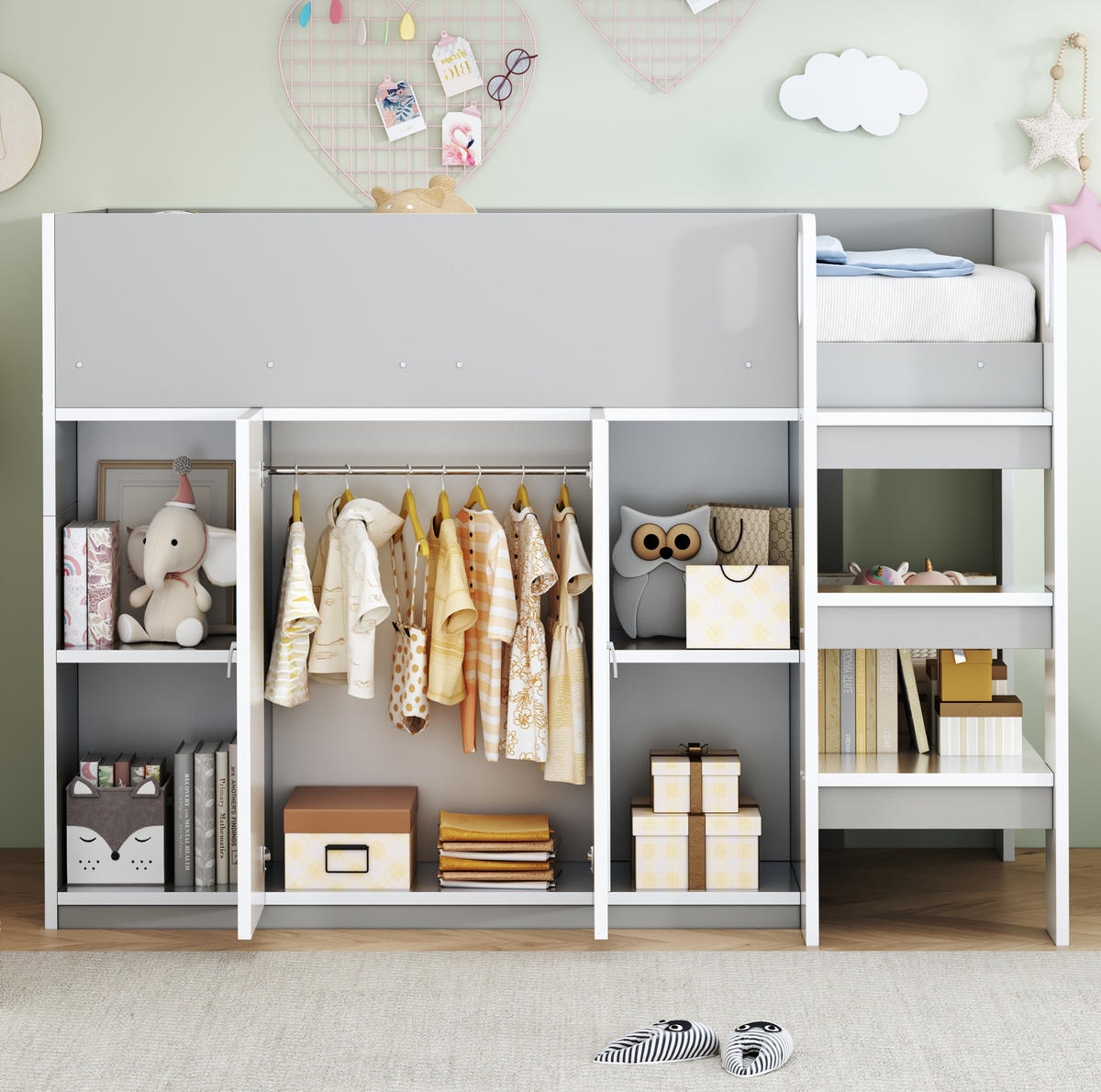 HOCHBETT 90/200 cm mit Leiter, Schrank und Regalen aus Holzwerkstoff, Grau/Weiß - Grau, Holzwerkstoff (90/200cm) - Redom