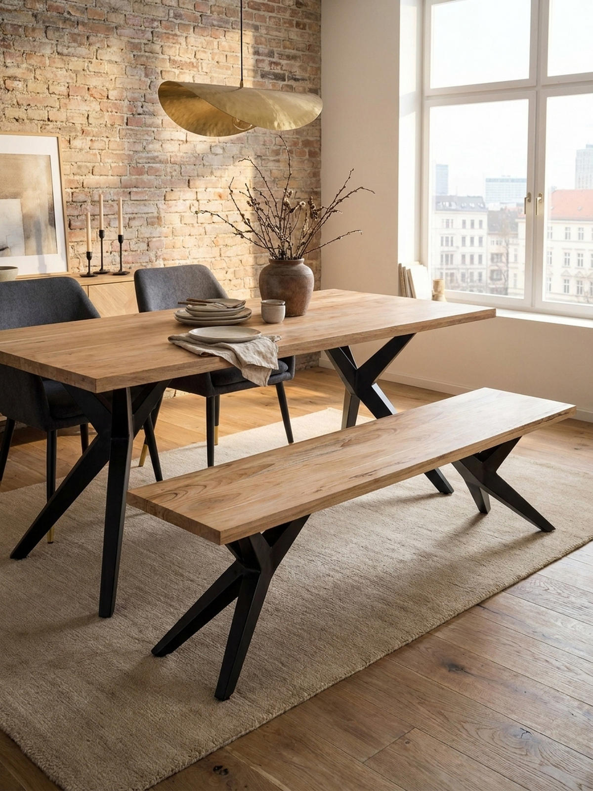 ESSZIMMERBANK Massivholz Metall Loft-Stil, Akazie 160x45x45 cm - Schwarz/Braun, Holz/Metall (160/45/45cm) - KADIMA DESIGN